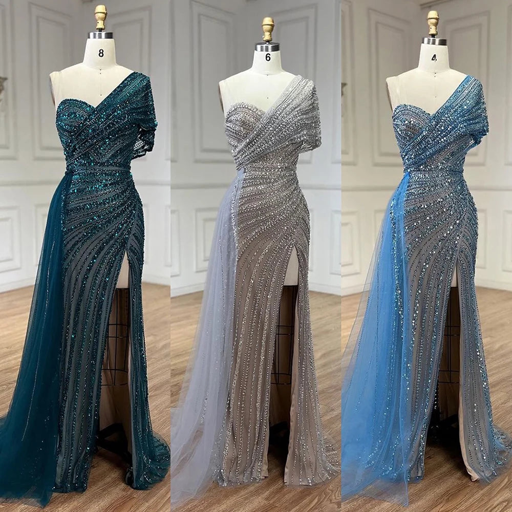 Elegant Green Mermaid One Shoulder Beaded Evening Gown for Women - High Slit Formal Dress for Wedding, Party & Special Occasions | Perfect for Prom, Red Carpet & Cocktail Events
