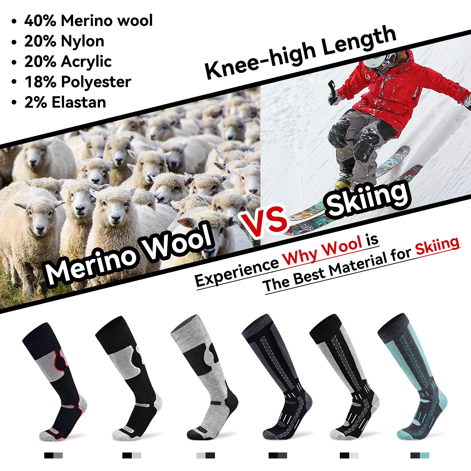 Premium Merino Wool Ski Socks for Men & Women - Thermal Winter Socks for Skiing, Snowboarding & Outdoor Sports - Cold Weather Hiking, Camping & Snow Activities Warm Socks