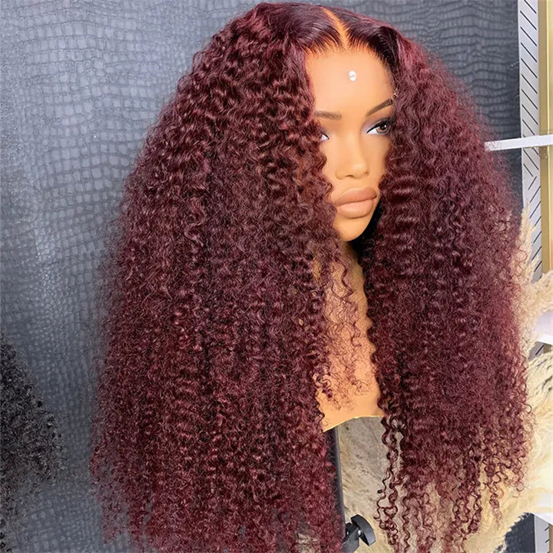 Eullair #99J Burgundy Kinky Curly Lace Frontal Wig - Glueless Human Hair Wig with Natural Hairline for African American Women | Perfect for Daily Wear, Parties & Special Occasions