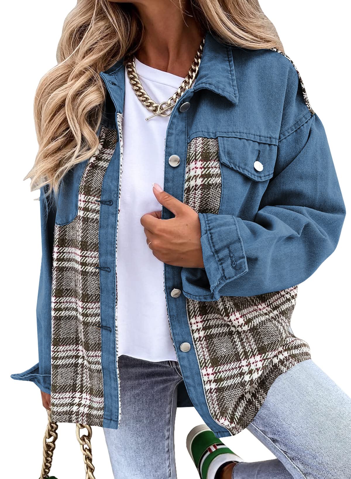 Women's Denim Jacket with Plaid Lining - Long Sleeve Button Down Shacket for Casual Outfits | Perfect for Fall Layering, Weekend Outings & Street Style Fashion