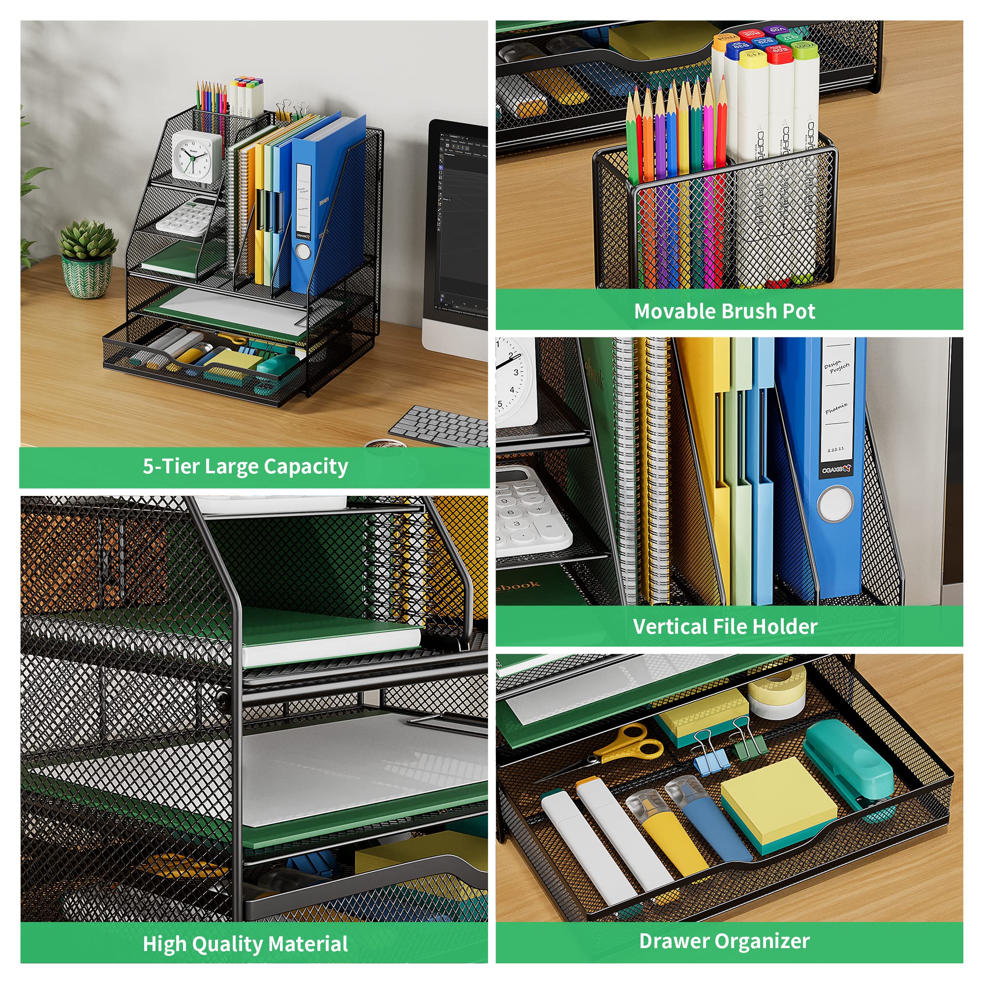VIVSOL Large Vertical File Holder Desk Organizer with Sliding Drawers & Movable Pen Holder - Office Supplies Storage Shelf for Files, Papers, Pens | Perfect for Home Office, School & Workspace Organization