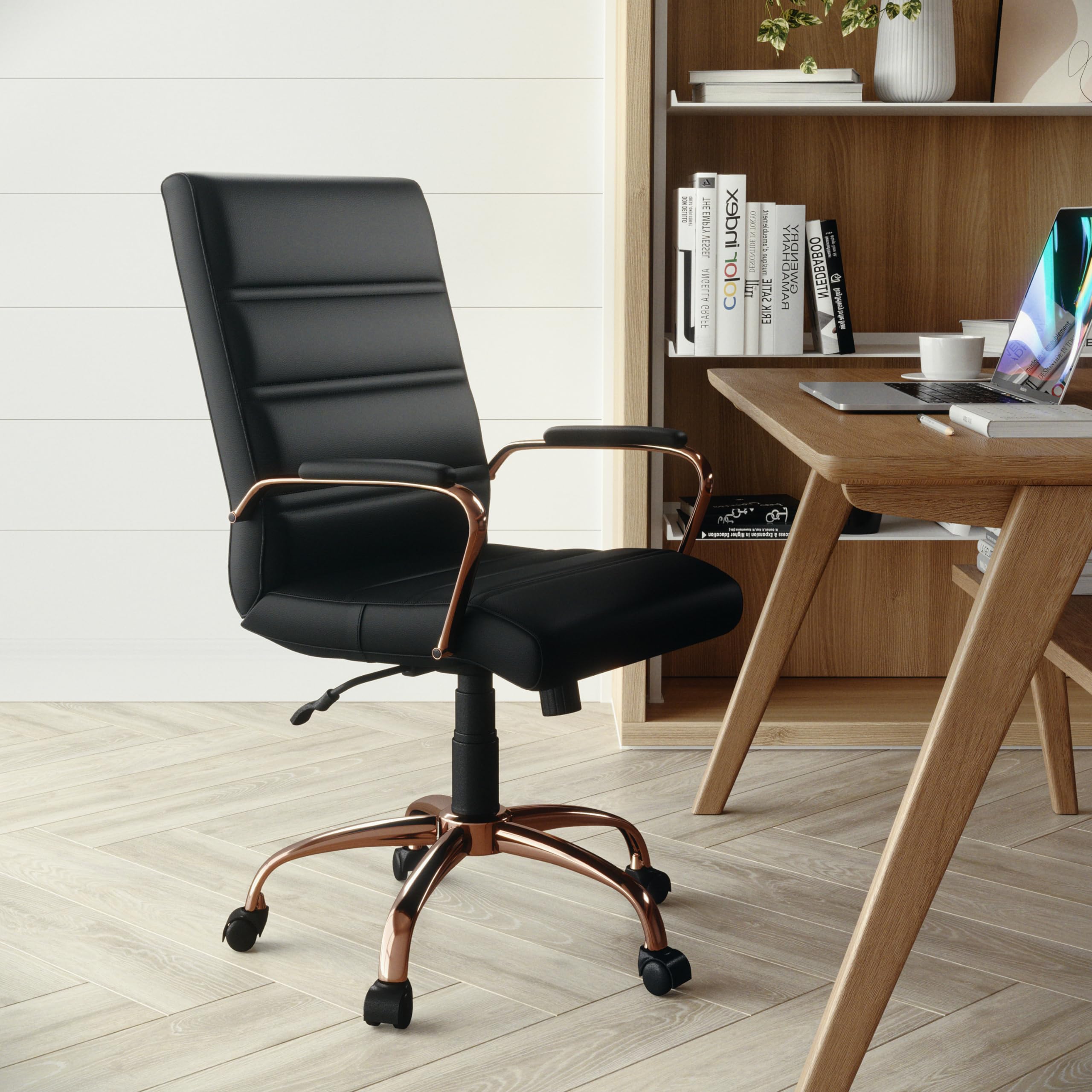 Flash Furniture Whitney Mid-Back Swivel LeatherSoft Office Chair with Adjustable Height, Padded Seat & Armrests - Ergonomic Desk Chair for Home & Office Workspace - Black/Rose Gold