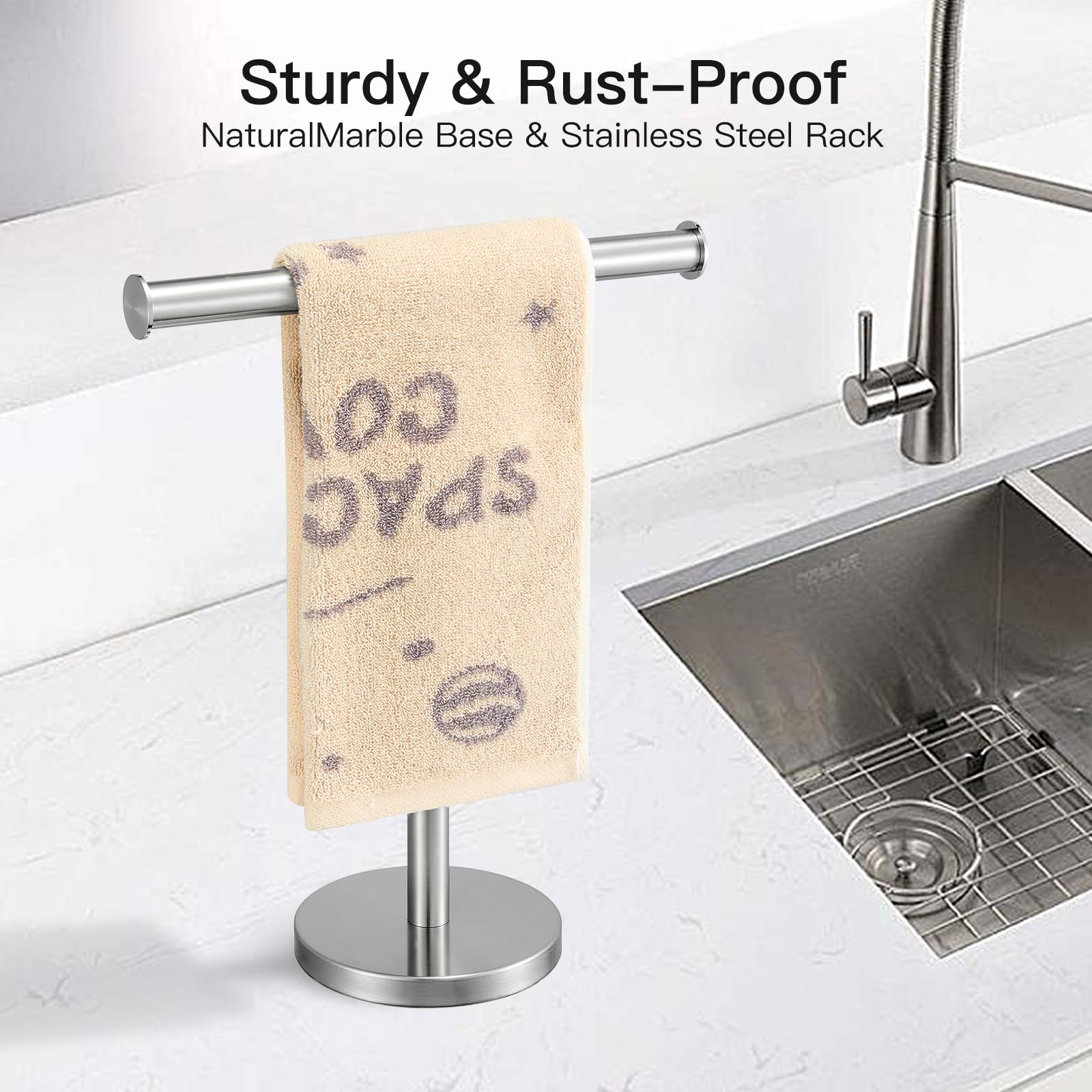 Stainless Steel T-Shape Towel Holder Stand - Brushed Nickel Bathroom & Kitchen Towel Rack with Heavy Base - Durable SUS304 Tower Bar for Countertop, Vanity & Spa Use