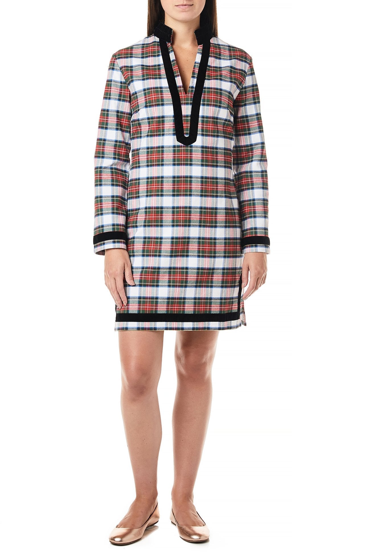 Stylish Tunic Dress with Stretch Twill Fabric & Black Velvet Trim - Perfect for Casual Outings, Office Wear, and Special Occasions