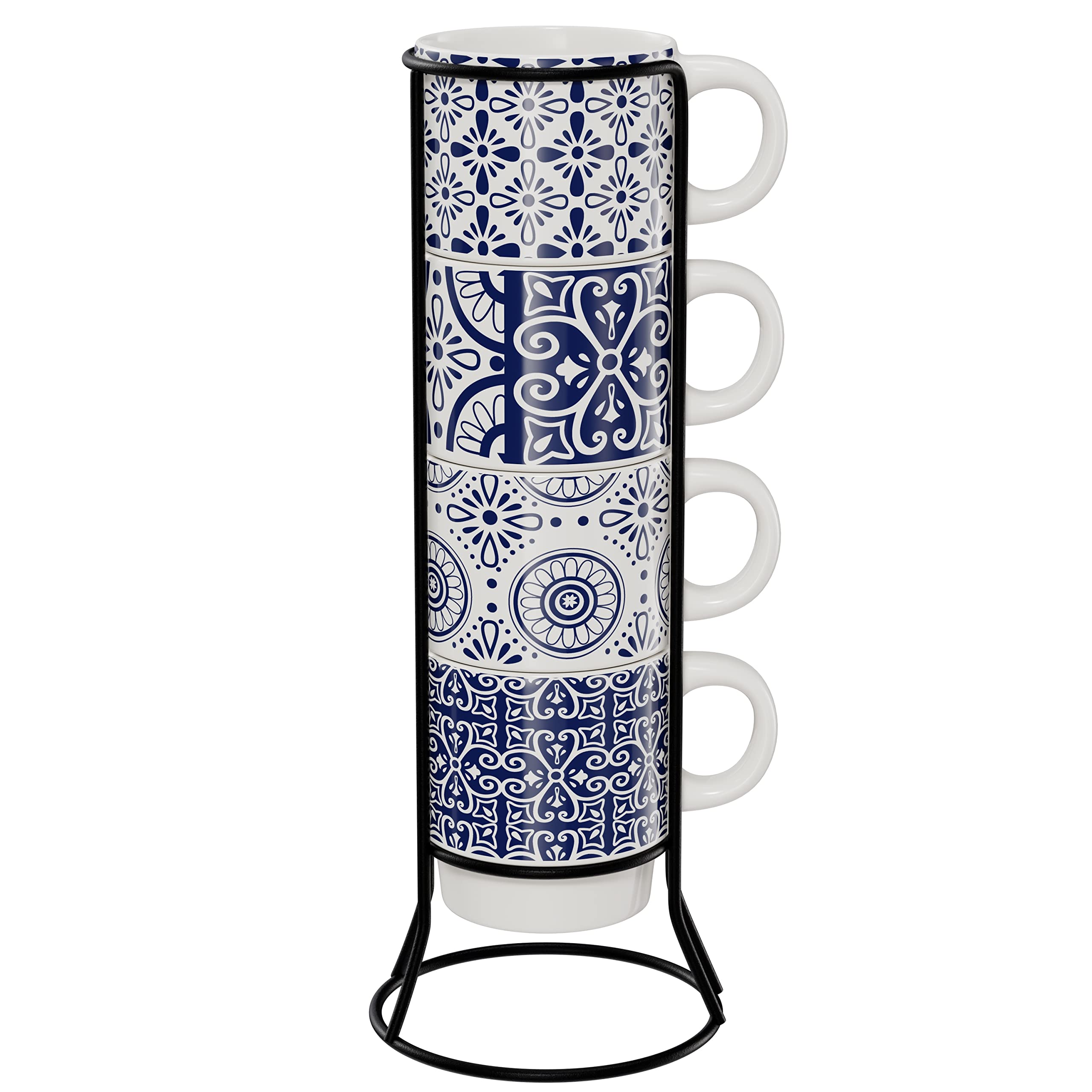 American Atelier 4-Piece Ceramic Coffee Mug Set with Stackable Rack – 14oz Medallion Blue Design – Perfect for Home, Office, or Gift Giving