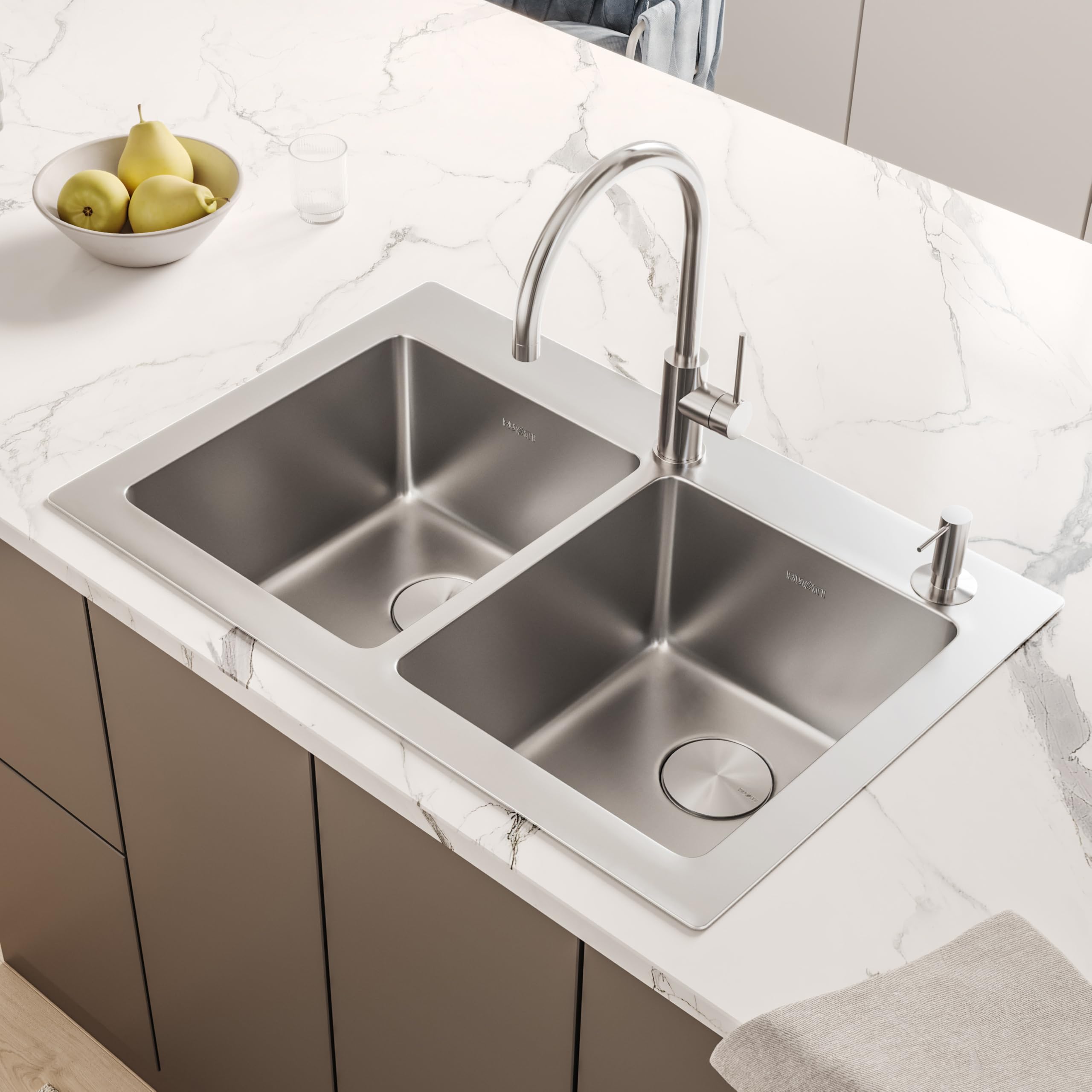 Ruvati 33 x 22 Inch Topmount Double Bowl Kitchen Sink - 16 Gauge T-304 Stainless Steel Drop-in Sink with Brushed Finish - Perfect for Modern Kitchens, Dishwashing & Food Prep (Model RVM5150)