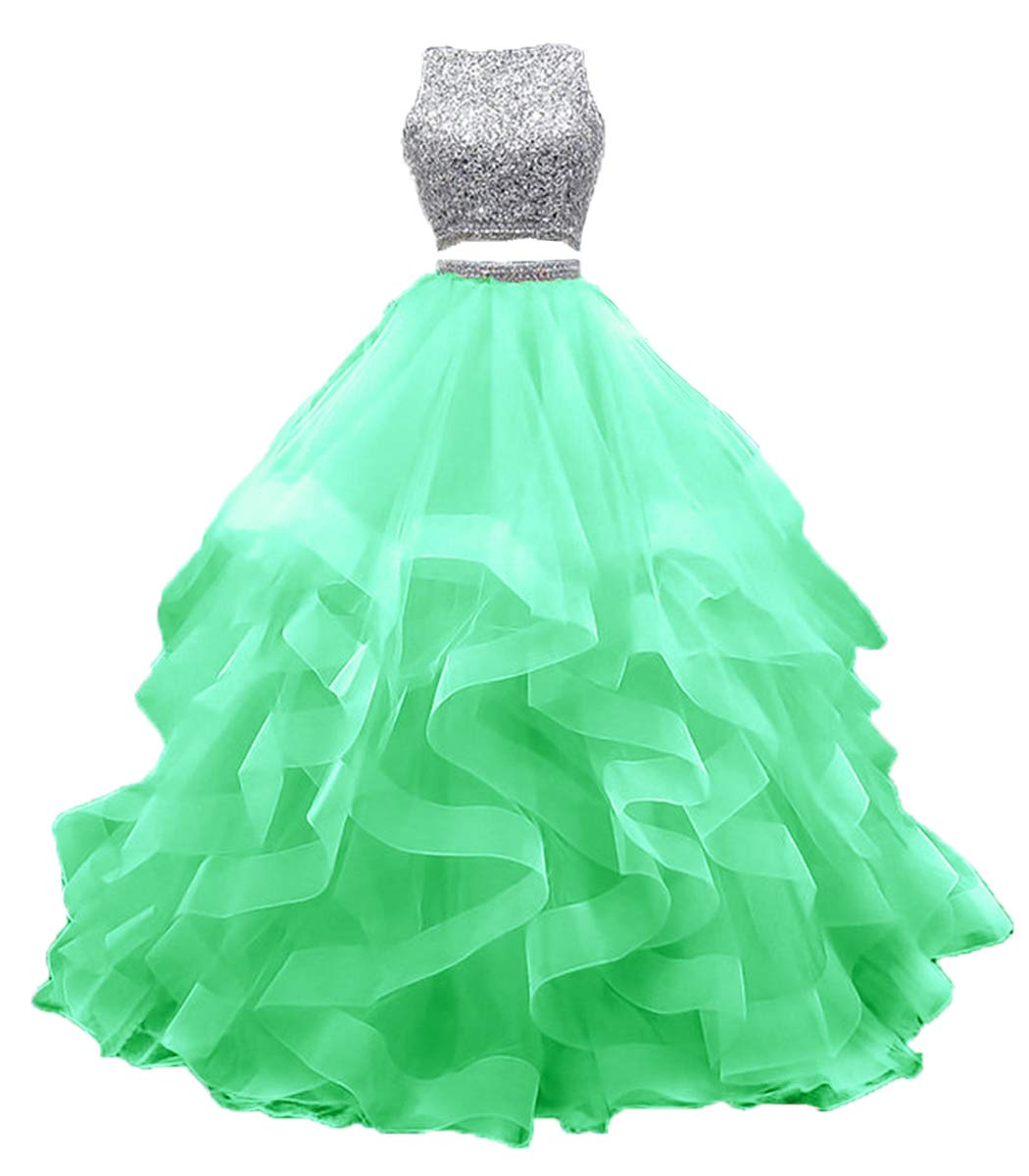 KaBuNi 2 Piece Prom Dress Long Beaded Quinceanera Dress - Elegant Layered Ruffle Tulle Ball Gown for Sweet 16, Homecoming, Wedding & Formal Events | Plus Size Options Available