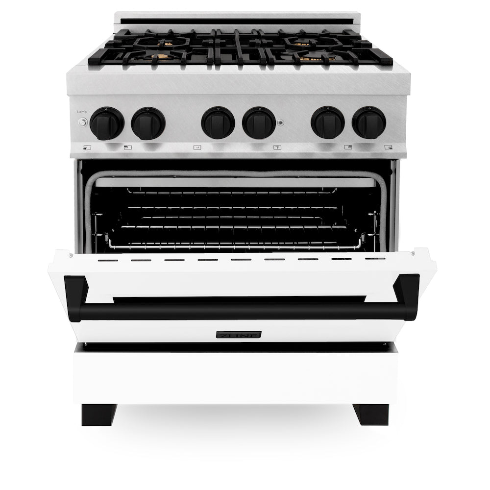ZLINE Autograph Edition 30-inch 4.0 cu. ft. Dual Fuel Range - 4 Burner Gas Cooktop & Electric Convection Oven - Satin Stainless Steel with White Matte Door & Black Accents (RASZ WM 30 MB) - Perfect for Modern Kitchens & Professional Home Chefs