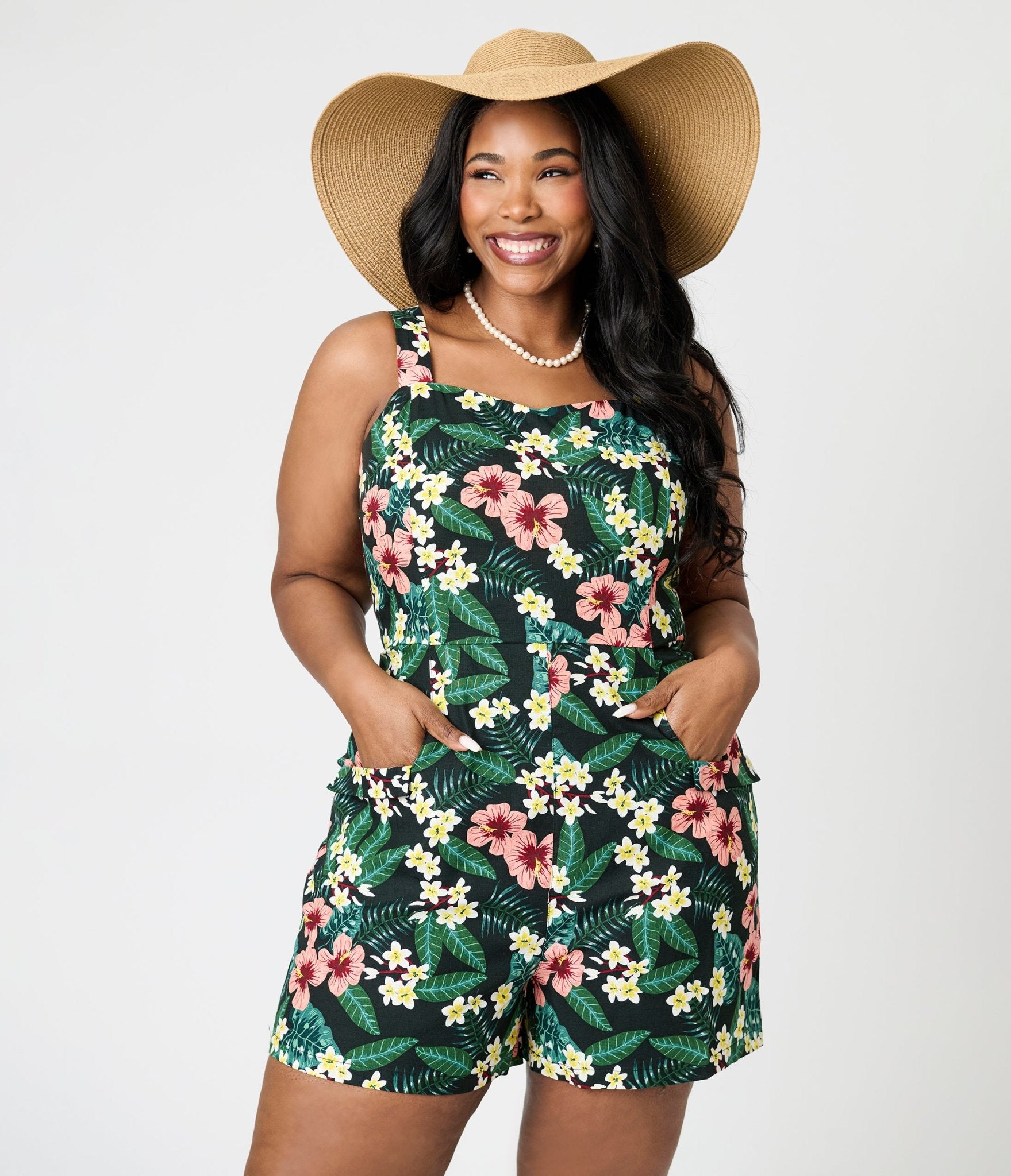 Royal Monk Plus Size Tropical Print Elsie Romper - Women's Floral Jumpsuit with Pockets, Summer Beach Vacation Outfit for Casual Wear & Tropical Getaways
