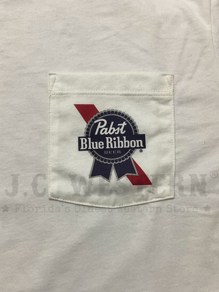 Hooey HT1703CR Men's Pabst Blue Ribbon Pocket T-Shirt - Cream Cotton Casual Tee for Everyday Wear, Outdoor Activities & Vintage Beer Lovers