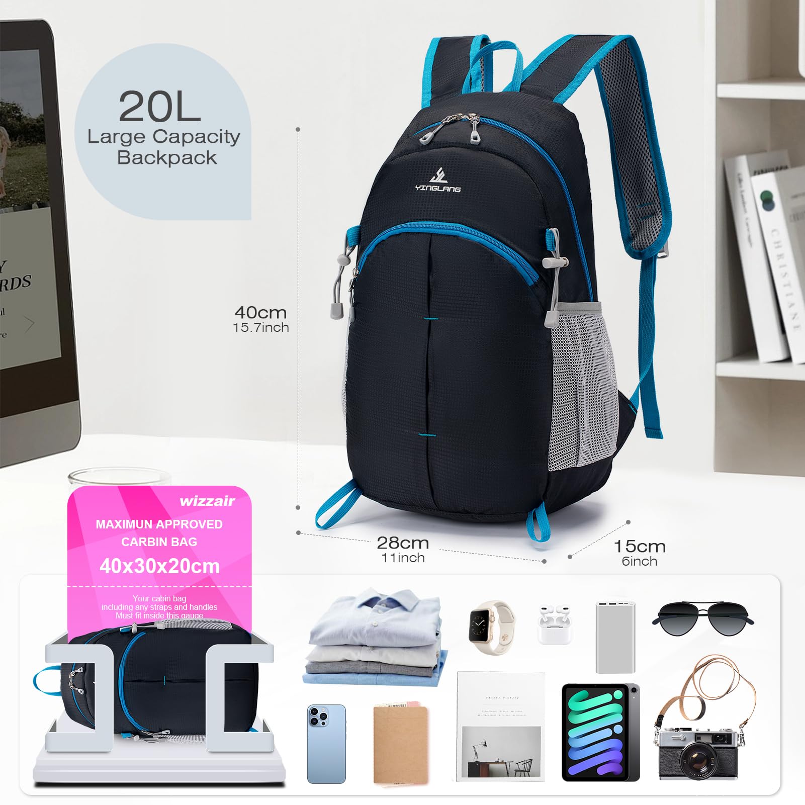 SPAHER 20L Waterproof Travel Backpack - Lightweight Carry-On Luggage for Wizzair & EasyJet Airlines, Durable Nylon Hiking & Camping Backpack for Men & Women - Perfect for School, Commuting & Outdoor Adventures