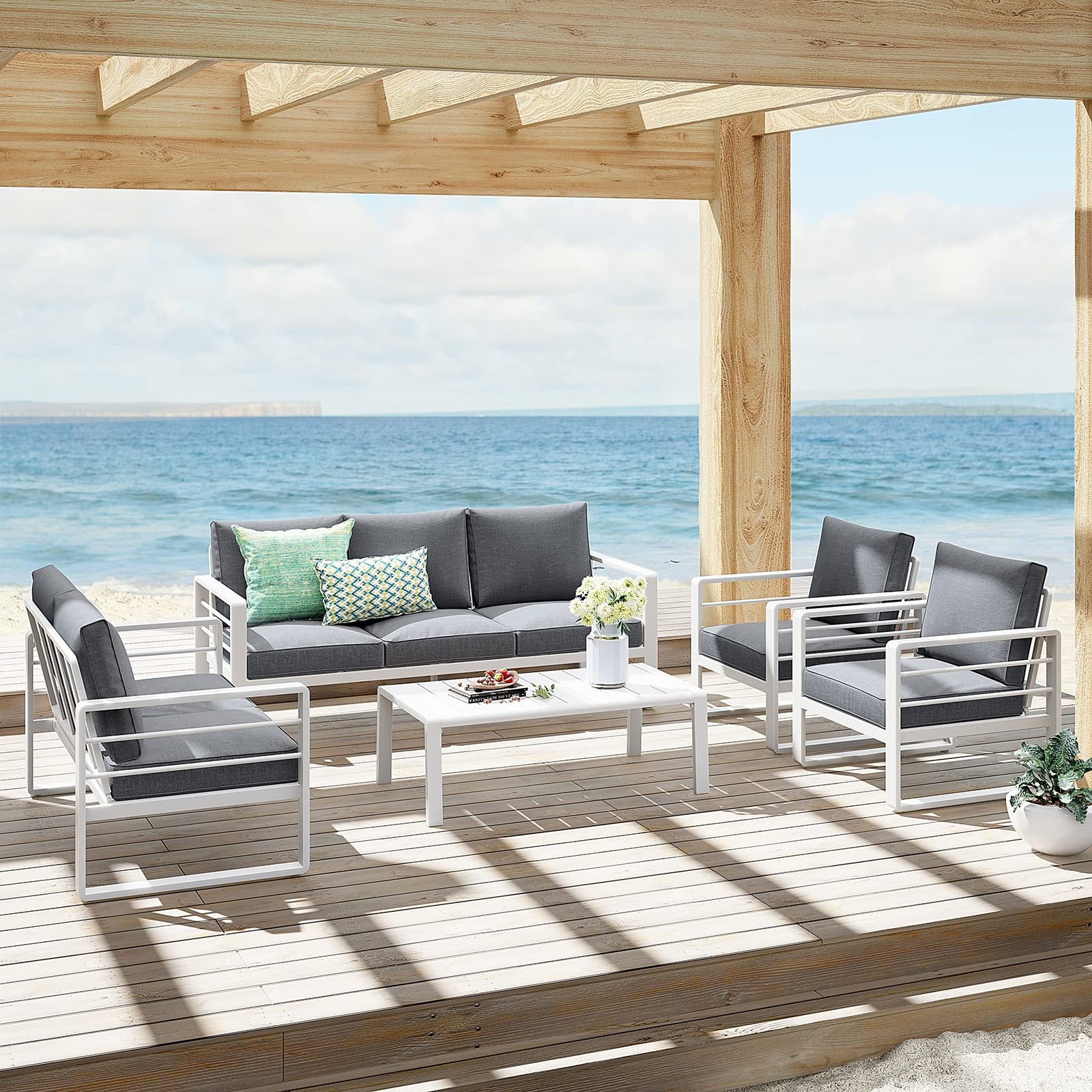 Patiorama Aluminum Patio Furniture Set - All-Weather Outdoor Loveseat with Olefin Cushions, 2-Seater Sofa Couch, 600 lbs Capacity, Deep Seating (Grey Cushion) - Perfect for Deck, Garden, Poolside & Backyard Relaxation