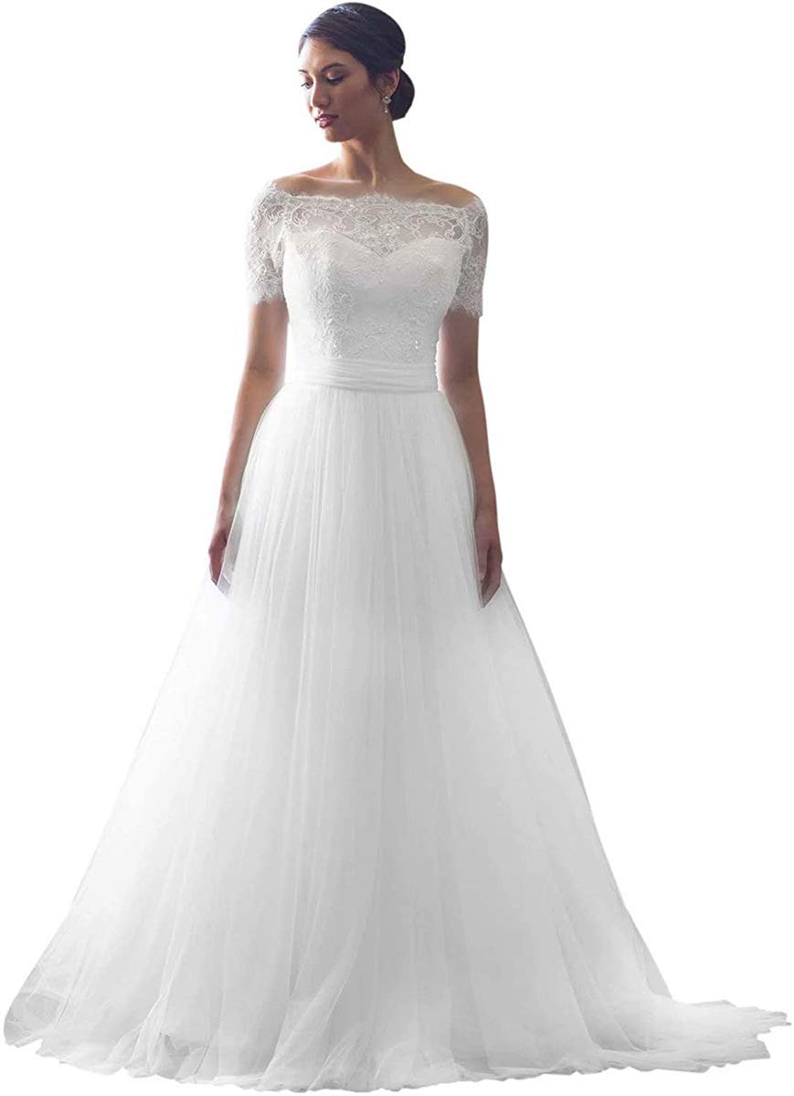 Elegant Off Shoulder Lace Wedding Dress for Bride 2024 - Short Sleeve Bridal Gown for Women | Perfect for Beach Weddings, Vow Renewals & Romantic Photoshoots