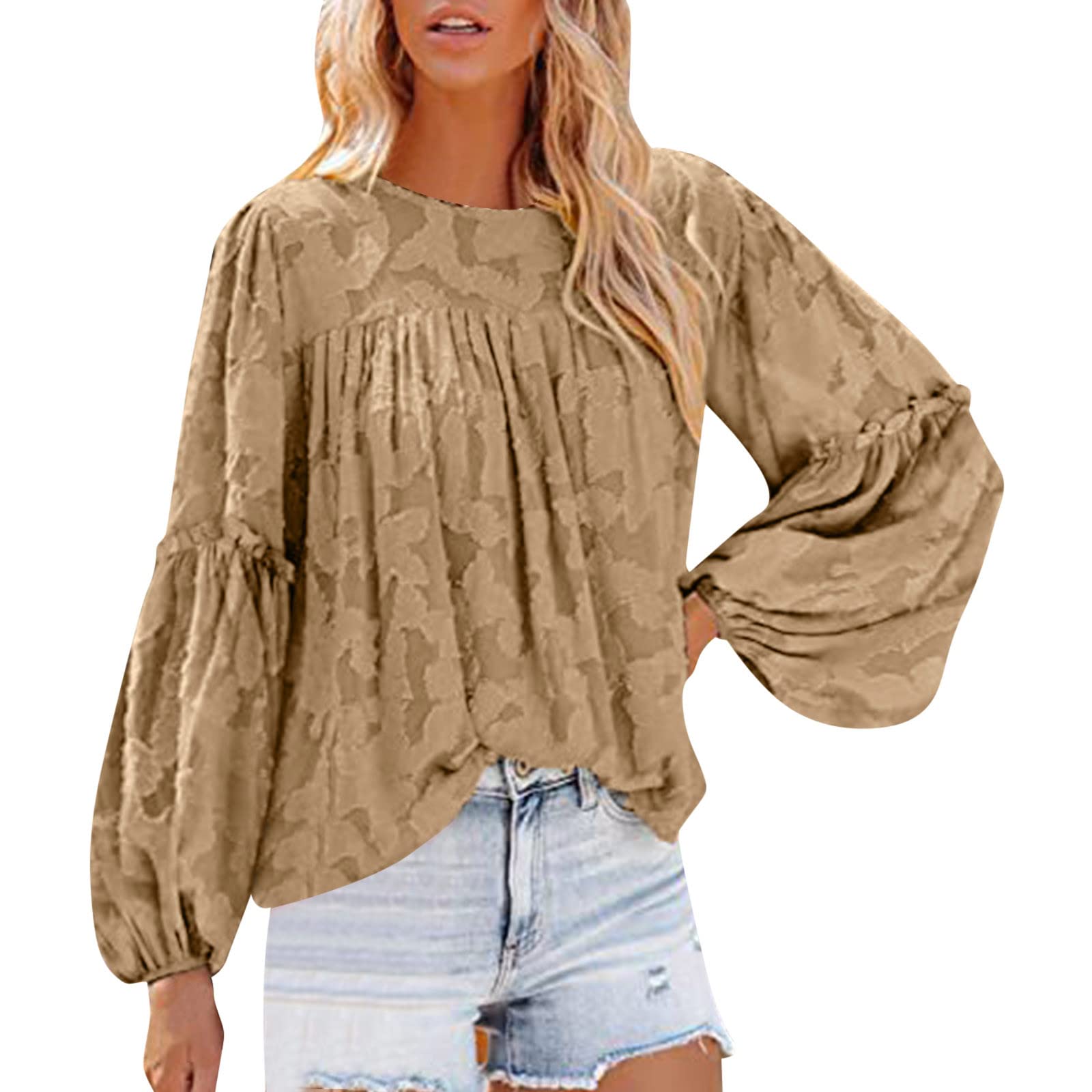 Women's Floral Crewneck 3/4 Bell Sleeve Blouse - Summer Casual Babydoll Top for Work & Business Attire | Office Wear, Date Night, Weekend Outfits