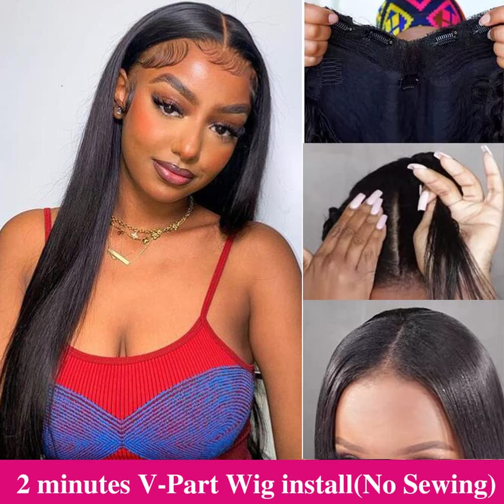 Glueless V Part Wig - 180% Density 30 Inch Brazilian Virgin Human Hair - Straight Clip In Half Wig for Black Women - No Leave Out Full Head U Part Wig - Perfect for Daily Wear, Special Occasions & Protective Styling