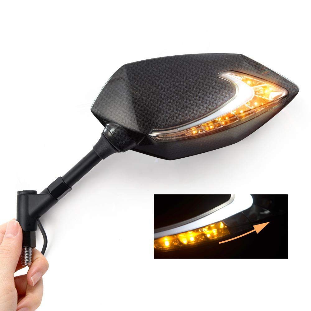 KiWAV Lucifer Carbon Fiber Motorcycle Mirrors - Dual LED Waterproof Turn Signals with Sequential Effect (10mm 1.5 Pitch) - Compatible with BMW R1200GS, R1250GS - Enhanced Visibility for Night Riding & Urban Commuting