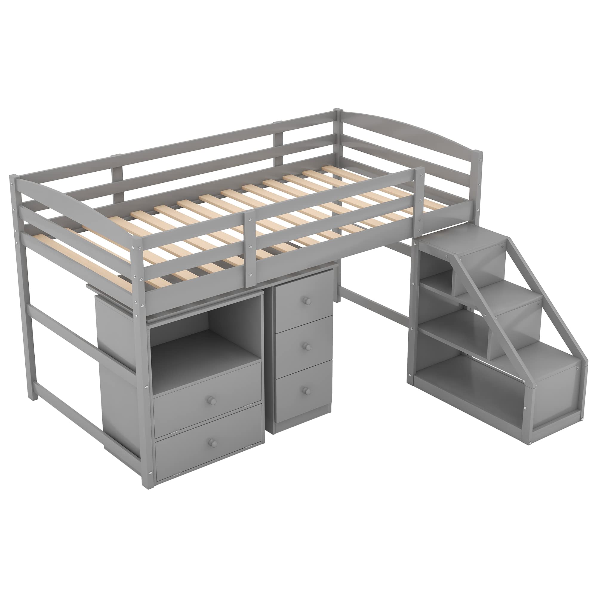 Twin Size Loft Bed with Built-in Desk & Staircase - Space Saving Multifunctional Furniture for Kids & Teens - Perfect for Small Bedrooms, Dorms & Apartments - Gray (Old SKU: GX000925AAK)