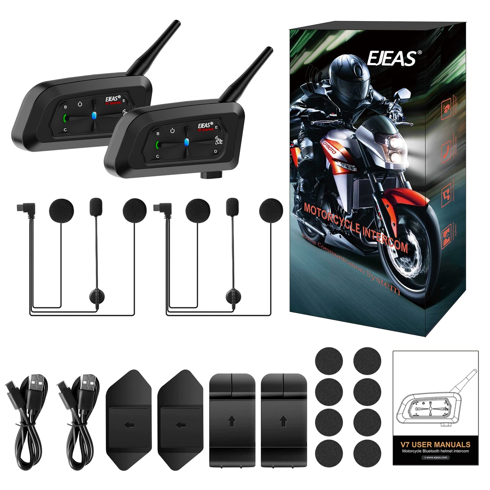 EJEAS V7 Motorcycle Bluetooth Helmet Intercom - Upgraded 1200M Wireless Communication System for 2 Riders with Noise Cancellation, Auto Answer, Waterproof & Quick Pairing (2 Pack) - Perfect for Group Riding, Road Trips & Adventure Motorcycling