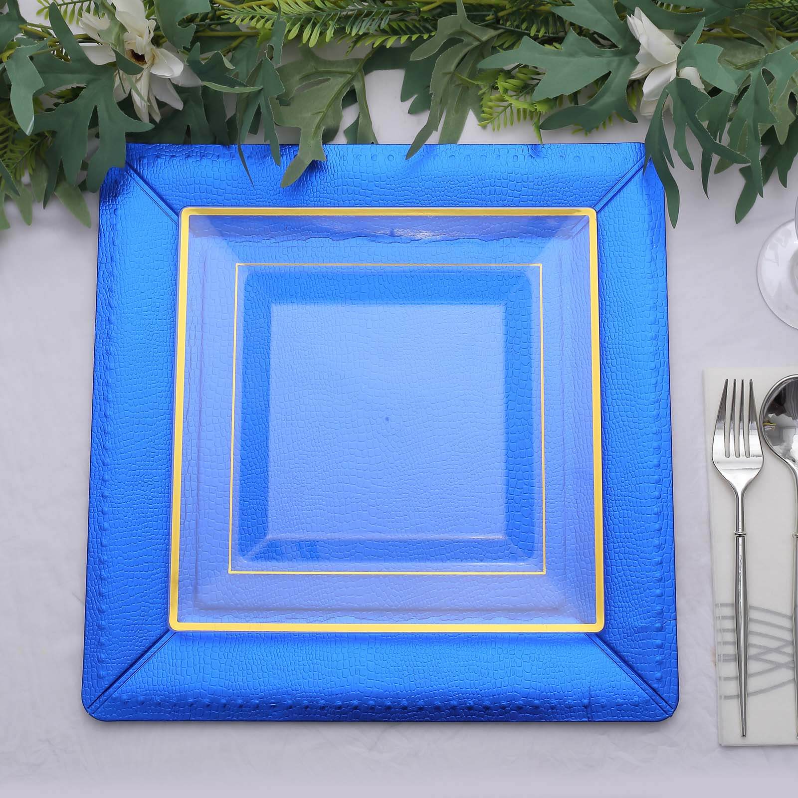 10 Pack Royal Blue Disposable Square Charger Plates - Leather-Like Texture, 13
