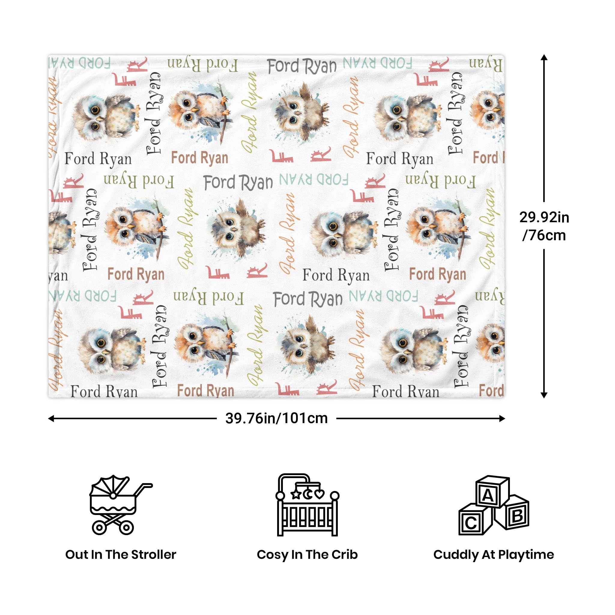 Personalized Baby Blankets for Boys & Girls - Custom Name Embroidered Soft Receiving Blanket with Owl Design | Perfect for Nursery, Christening Gifts & Newborn Photo Shoots