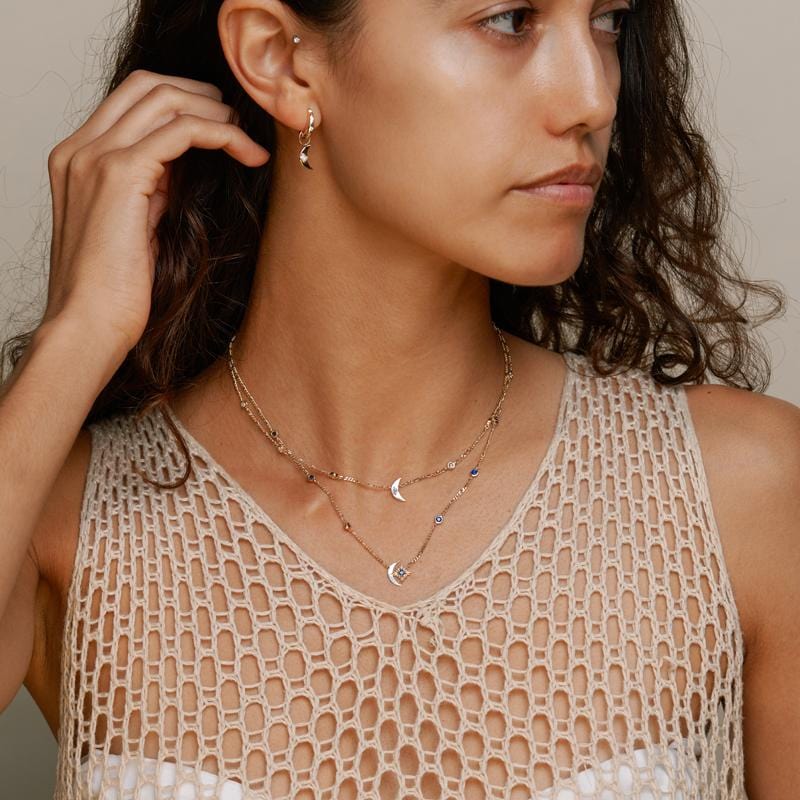Moon and Star Charm Sapphire Starburst Necklace - Elegant Celestial Jewelry for Women | Perfect for Date Nights, Weddings & Special Occasions