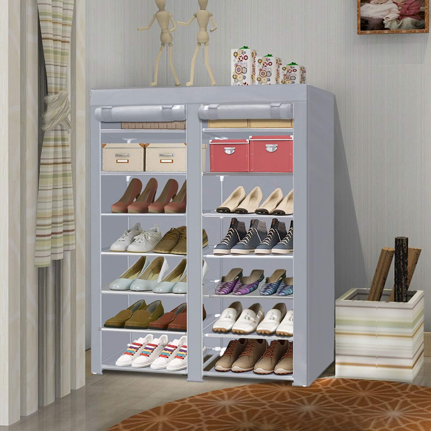 ERONE 28-Pair Shoe Rack Organizer with Nonwoven Fabric Cover - Double Row Portable Shoe Storage Cabinet for Closet - Perfect for Bedroom, Entryway & Dorm Organization
