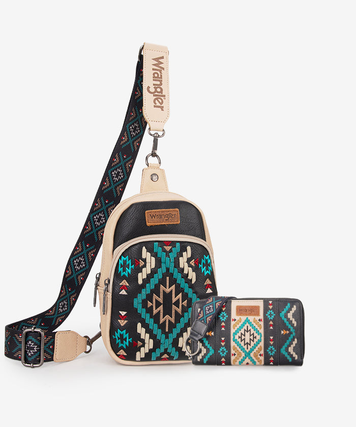Wrangler Aztec Embroidered Whipstitch Sling Bag - Stylish Crossbody Purse for Women, Men | Perfect for Travel, Hiking & Everyday Use