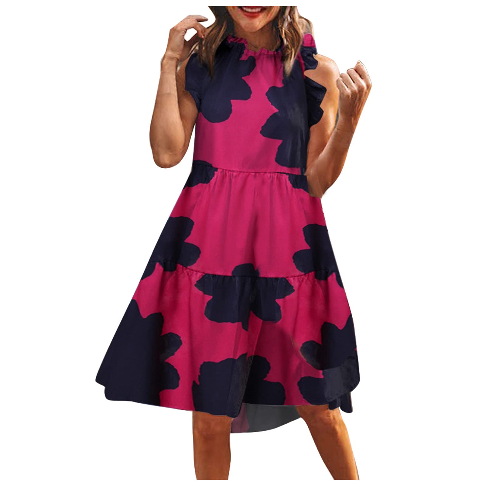 Women's Summer Ruffle Lace Printed Sleeveless Shift Dress - Loose Casual Mini Dress for Beach Holiday, Party & Vacation Outfits