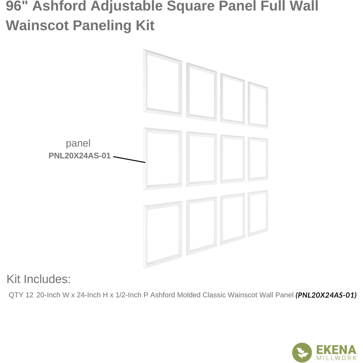 Ashford Square Panel Full Wall Wainscot Paneling Kit - Premium DIY Wall Paneling for Home & Office Decoration - Perfect for Living Room, Bedroom, Dining Room & Hallway Makeovers