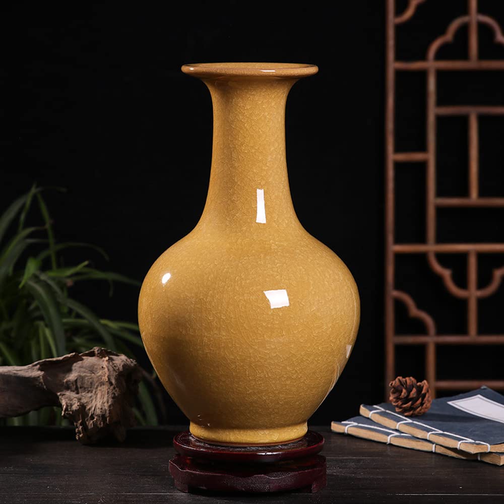 **Handmade Chinese Yellow Cracked Glazed Ceramic Vase - Jingdezhen Ice Crackle Porcelain, Traditional Decorative Vase for Home, Office & Gift Giving**    *Perfect for home decor, wedding centerpieces, office elegance, and unique gift ideas.*