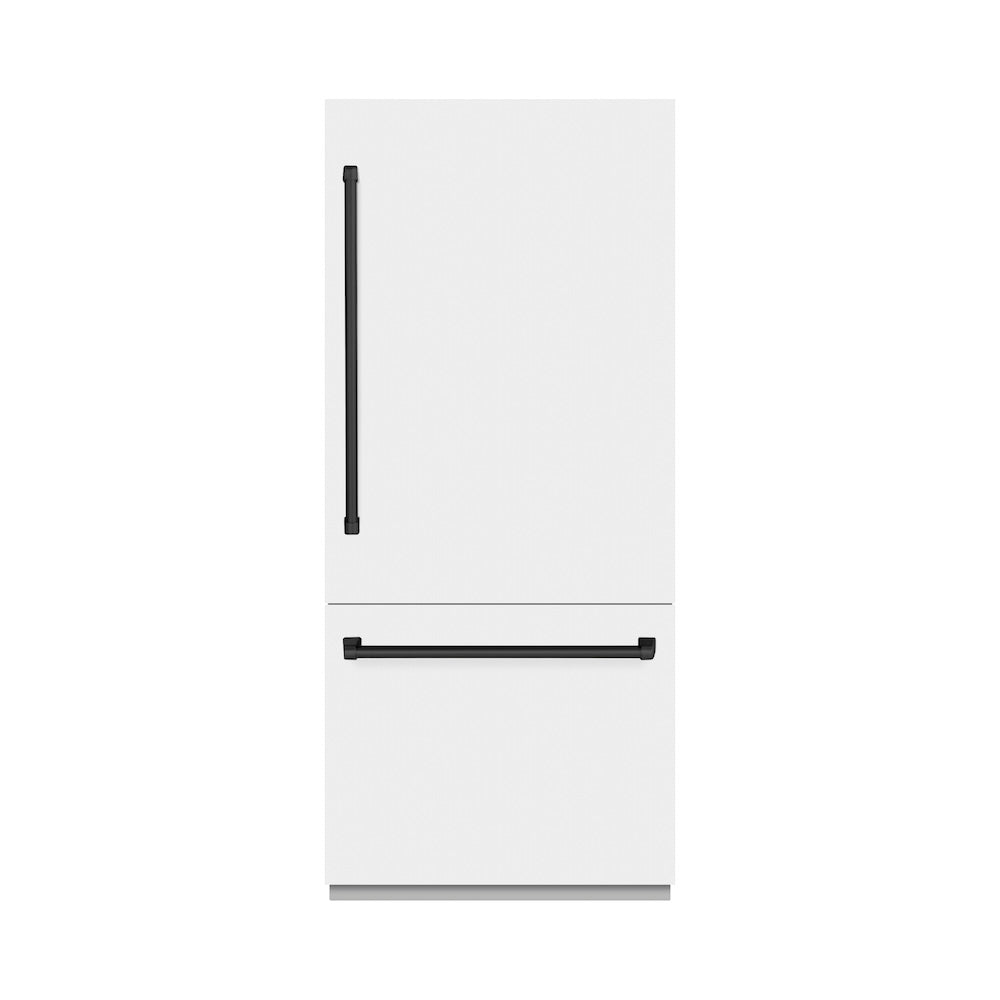 ZLINE Autograph Edition 36 Inch Built-In Bottom Freezer Refrigerator - 19.8 cu.ft Capacity, Water Dispenser & Ice Maker - White Matte Exterior with Graphite Gray Interior & Matte Black Accents (GRBITZ WM 36 MB) - Perfect for Modern Kitchens, Open Concept Homes & Luxury Appliances Collection