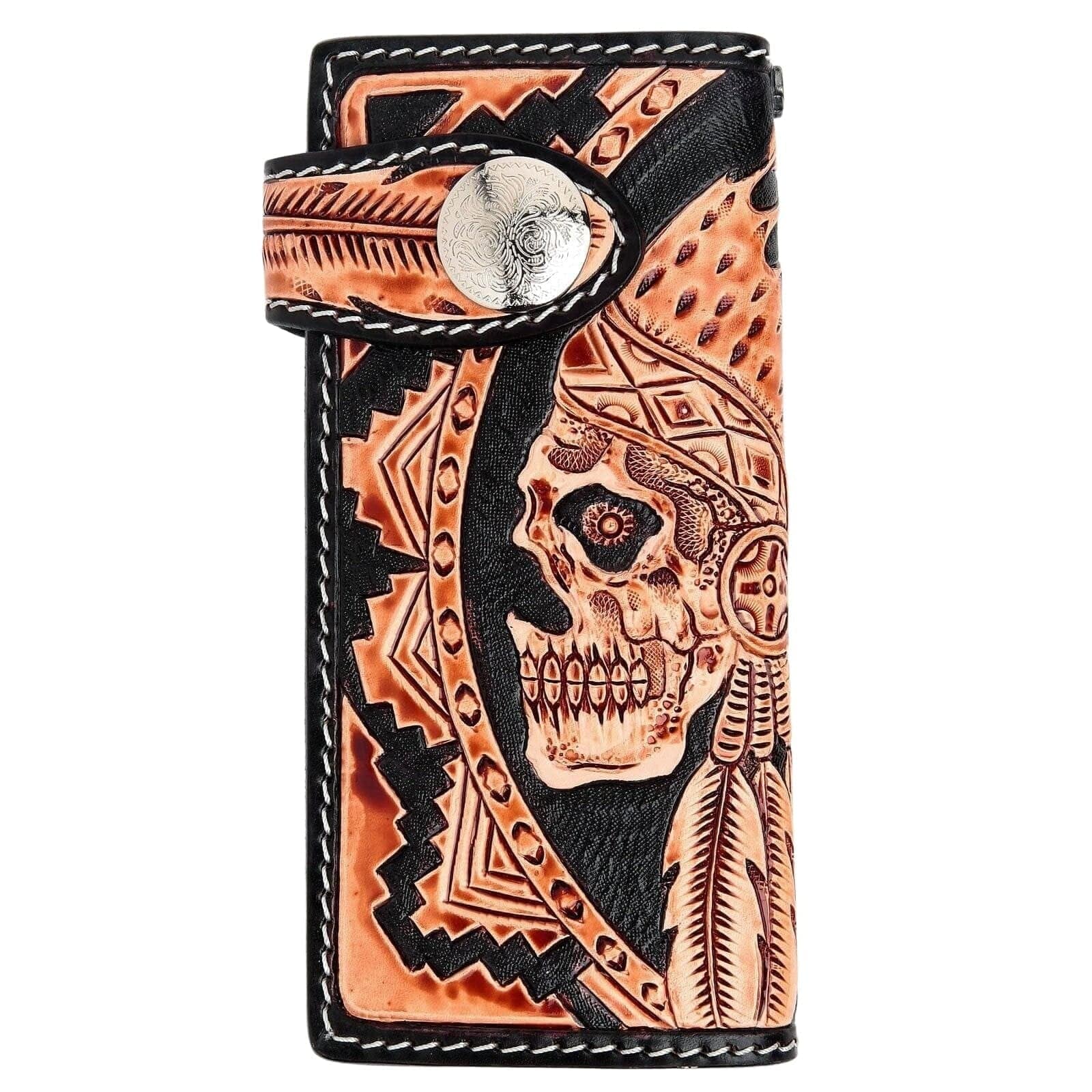 Genuine Leather Indian Skull Biker Wallet for Men - Handmade Motorcycle Wallet with Chain - Perfect for Bikers, Riders & Outdoor Enthusiasts