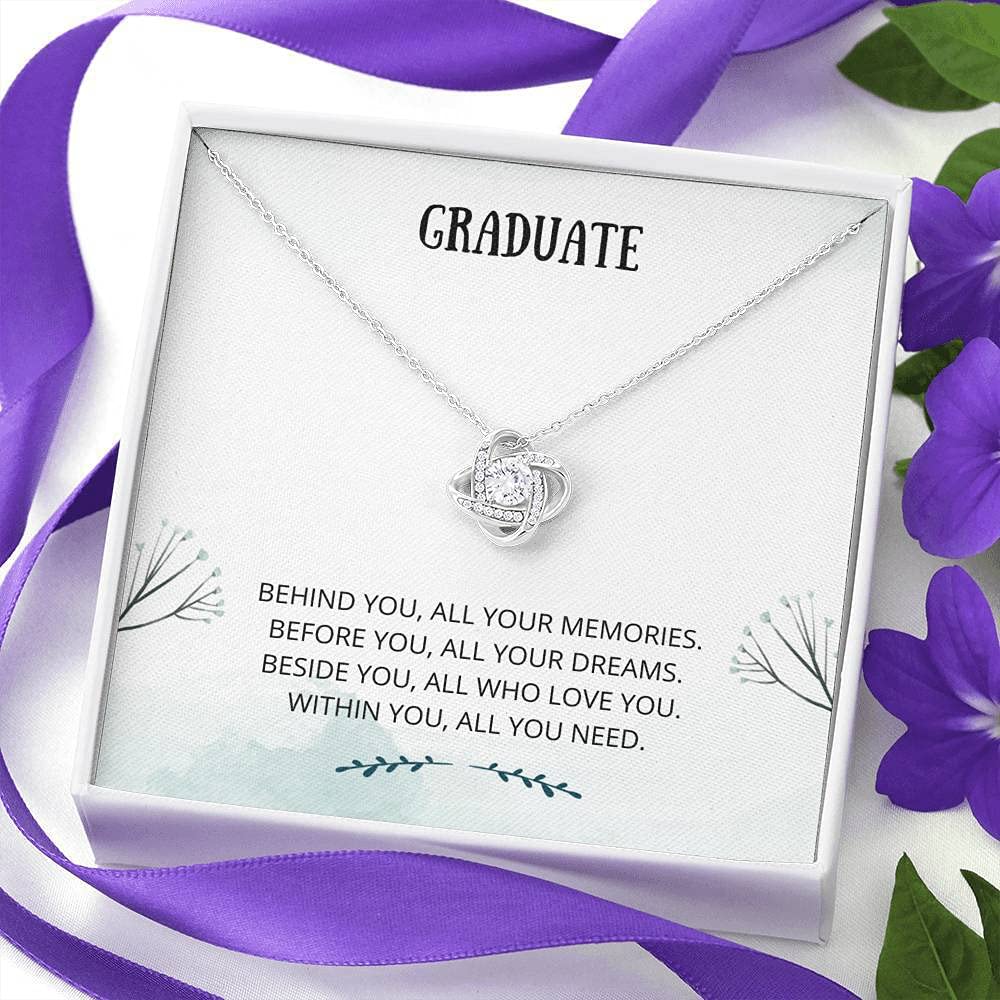 Tek Weh Graduate Love Knot Necklace - Elegant Jewelry Gift for Graduation, Senior Year, Daughter & Her - Perfect Present with Card for 2021 Grads & Congratulations - Great for Commencement Ceremonies & Graduation Parties