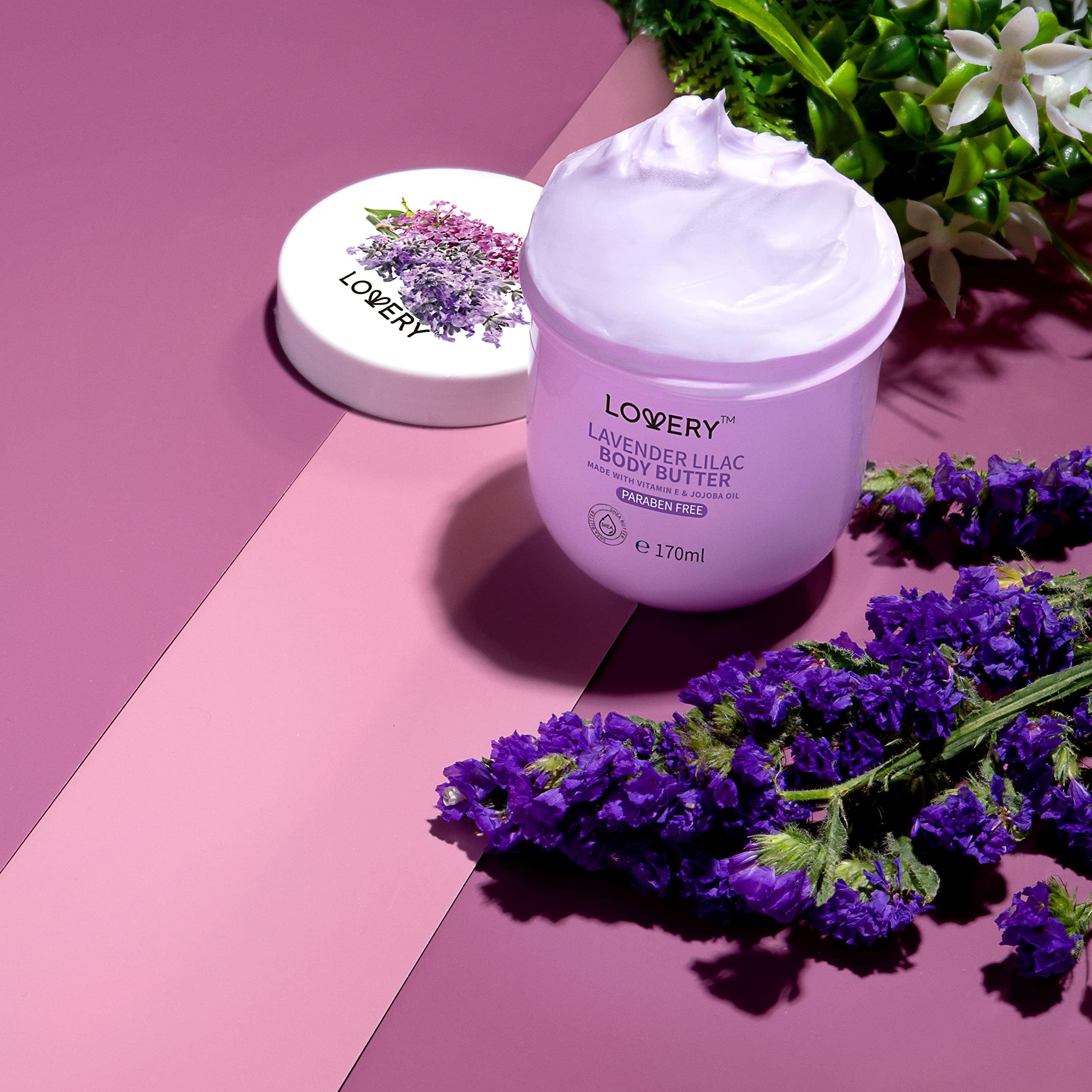 Lavender Lilac Body Butter - Shea Cream with Jojoba Oil & Vitamin E - Hydrating Natural Moisturizer for Dry Hands, Feet & Elbows - 5.74 Fl Oz - Perfect for Daily Skincare Routine & Spa Night Self-Care