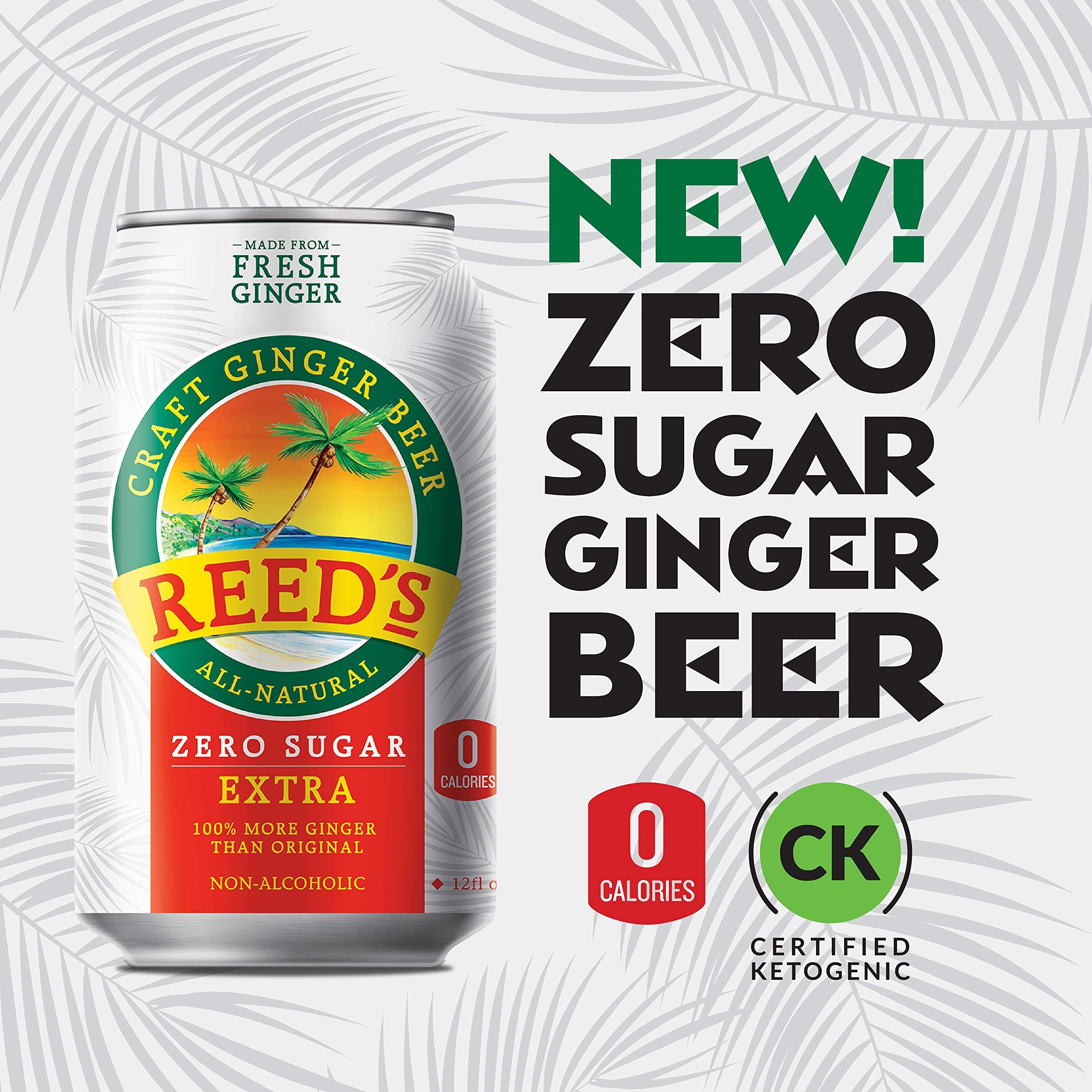 Reed's Zero Sugar Extra Ginger Beer - 24 Pack of 12oz Cans | All-Natural Craft Ginger Soda with Fresh Ginger Root | Perfect for Mocktails, Cocktails & Healthy Refreshment