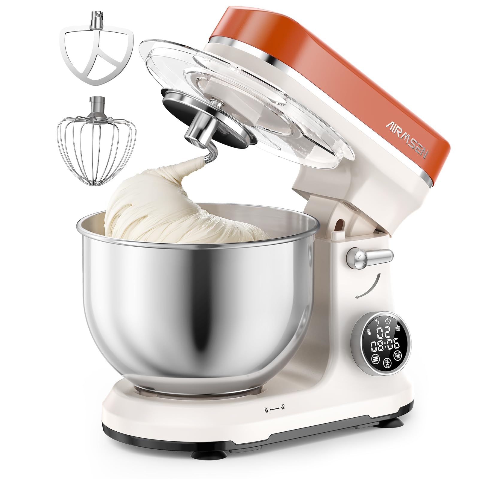 AIRMSEN 5.3QT Stand Mixer with LED Touchscreen & Timer - 11-Speed Tilt-Head Electric Dough Mixer for Baking Bread, Cakes, Cookies - Includes 3-in-1 Attachments (Beige & Orange) - Perfect for Home Bakers and Professional Kitchens