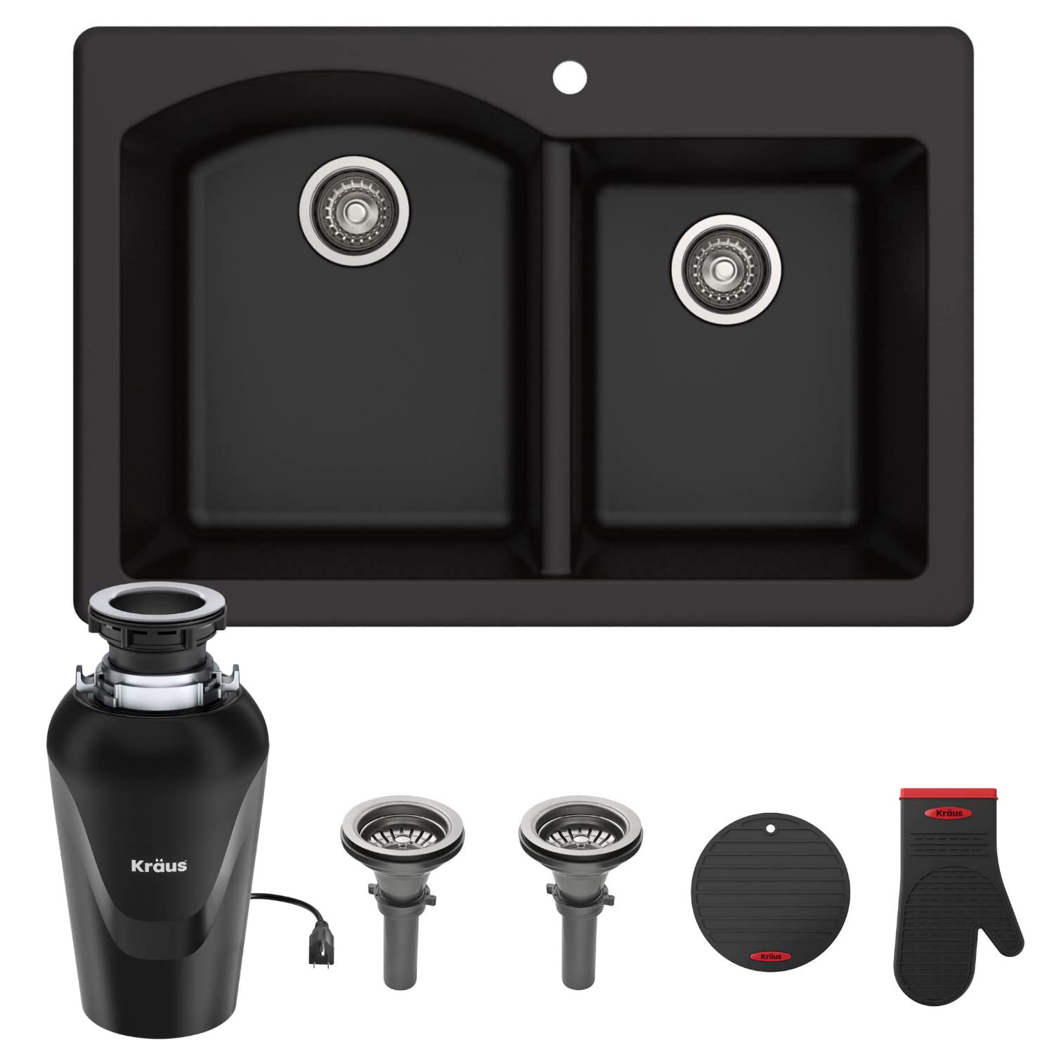 KRAUS Forteza™ 33-Inch Black Granite Dual Mount 60/40 Double Bowl Kitchen Sink with WasteGuard™ Continuous Feed Garbage Disposal (KGD-50BL-100-75MB) - Perfect for Modern Kitchens, Dishwashing, and Food Prep