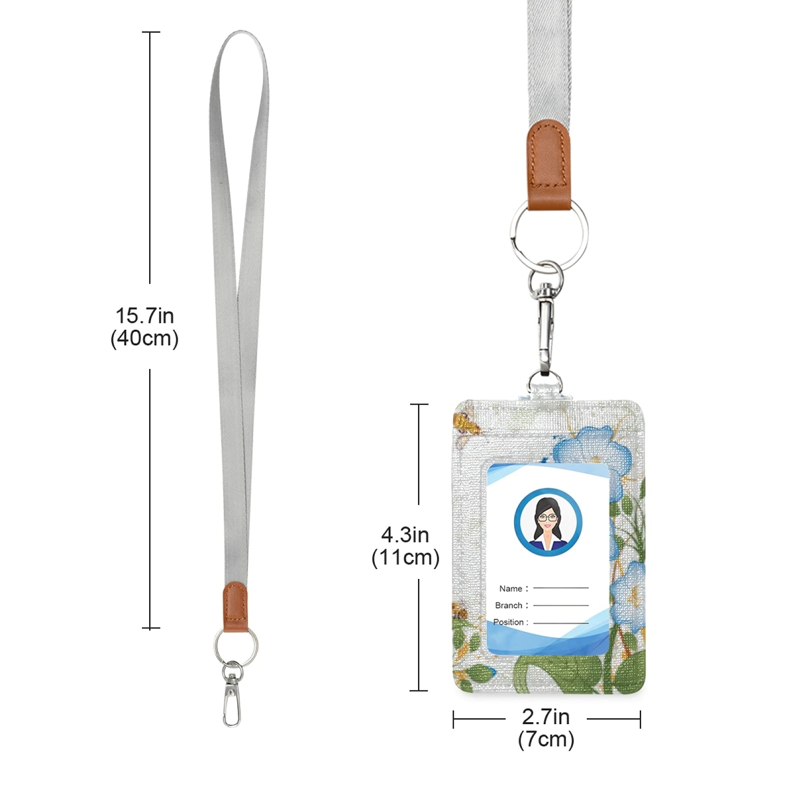Floral Bee Leather ID Badge Holder with Lanyard - Office & School Staff Use