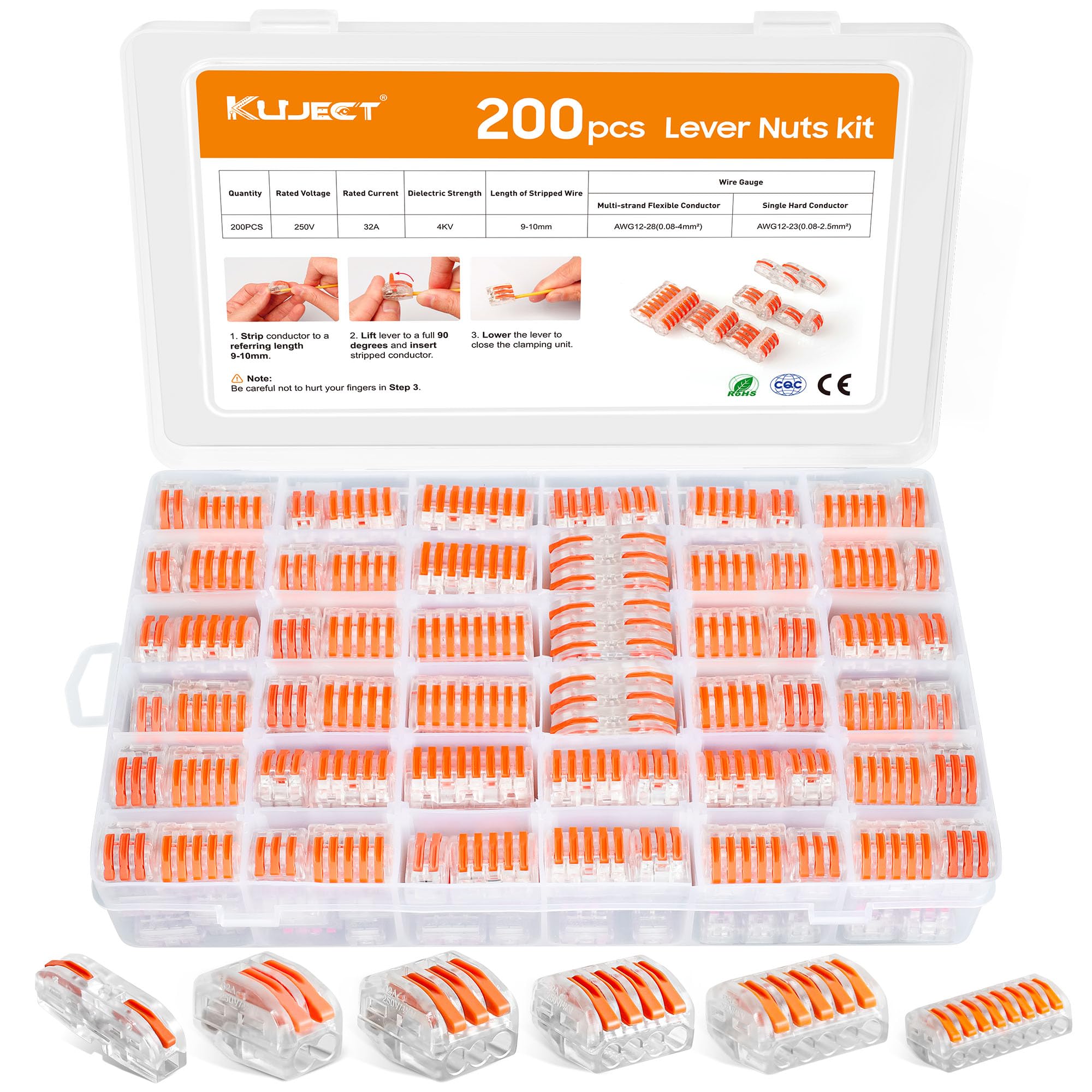 Kuject 200PCS Lever Wire Nuts Connectors Kit - 2/3/4/5/8 Conductor Combination for AWG 28-12 Wires - Electrical Push-in Quick Connectors with 2 Circuit Inline Splices - Perfect for Home Wiring, Electrical Repairs, and DIY Projects