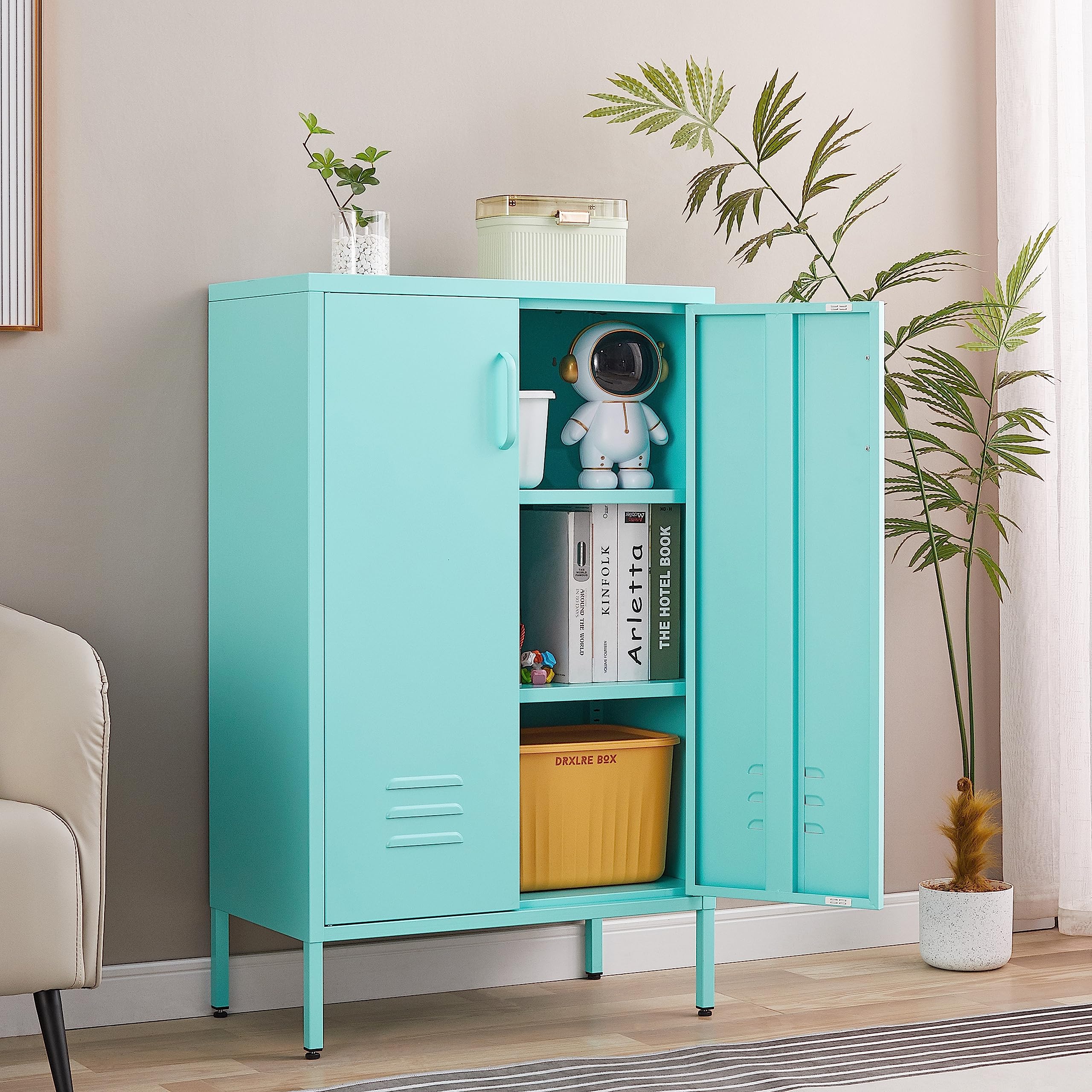 GreatMeet 3-Tier Metal Storage Locker Cabinet with 2 Adjustable Shelves - Mint Blue Home & Office Organizer for Living Room, Gym, Apartment, Dorm (Space-Saving Vertical Storage Solution)