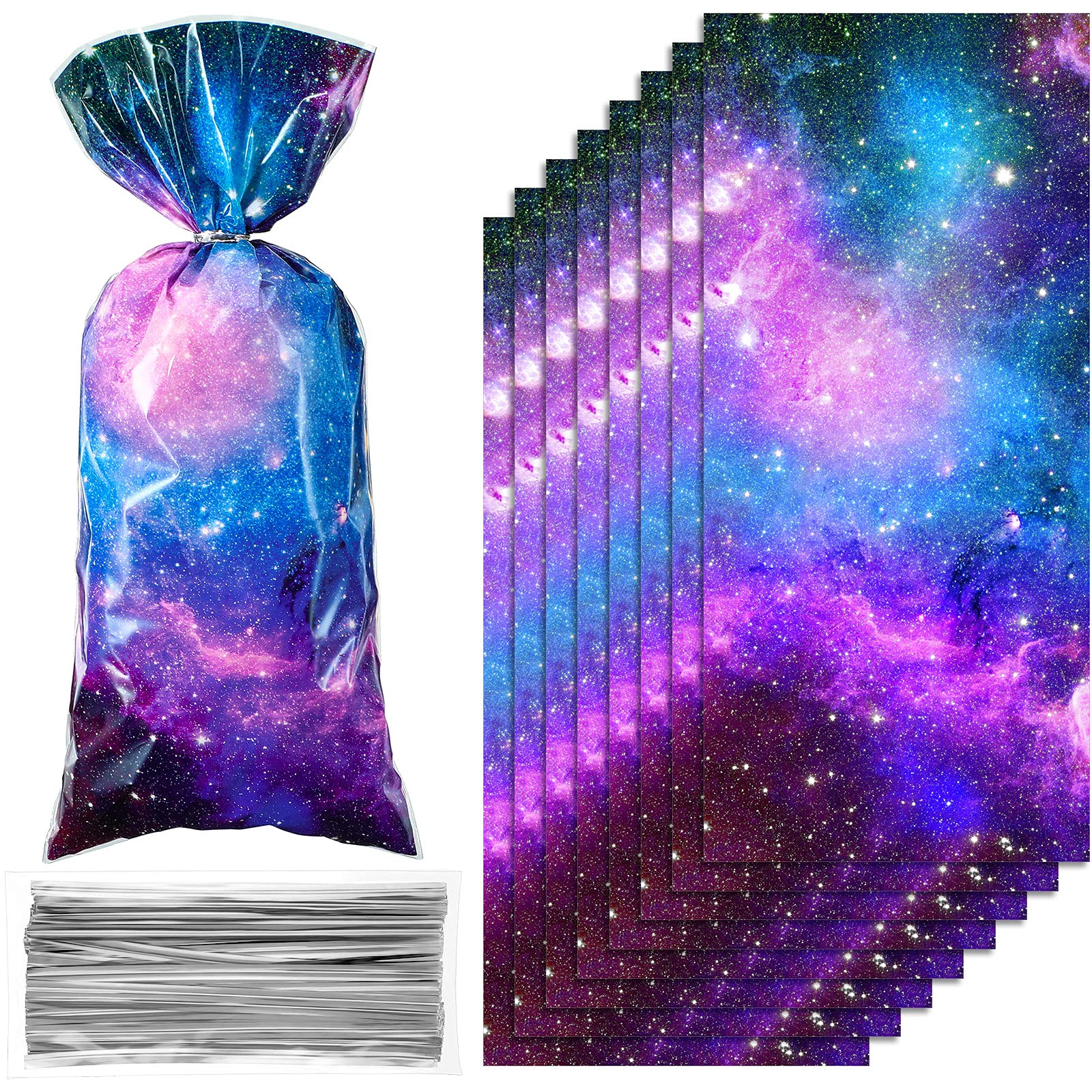100-Piece Outer Space Party Favor Bags - Galaxy Theme Plastic Goodie Bags with 100 Silver Twist Ties - Perfect for Birthday Parties, Baby Showers & Space-Themed Events