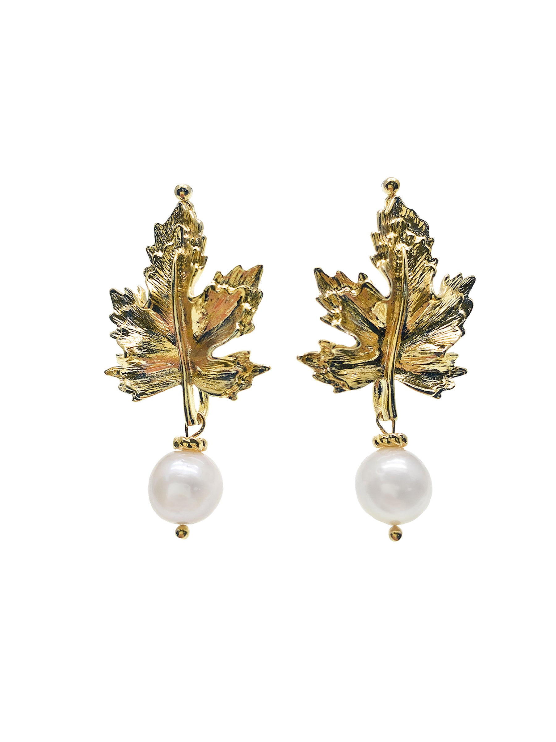 Gold Maple Leaf Pearl Dangle Stud Earrings HE007 - Elegant Jewelry for Women, Perfect for Weddings, Parties & Daily Wear