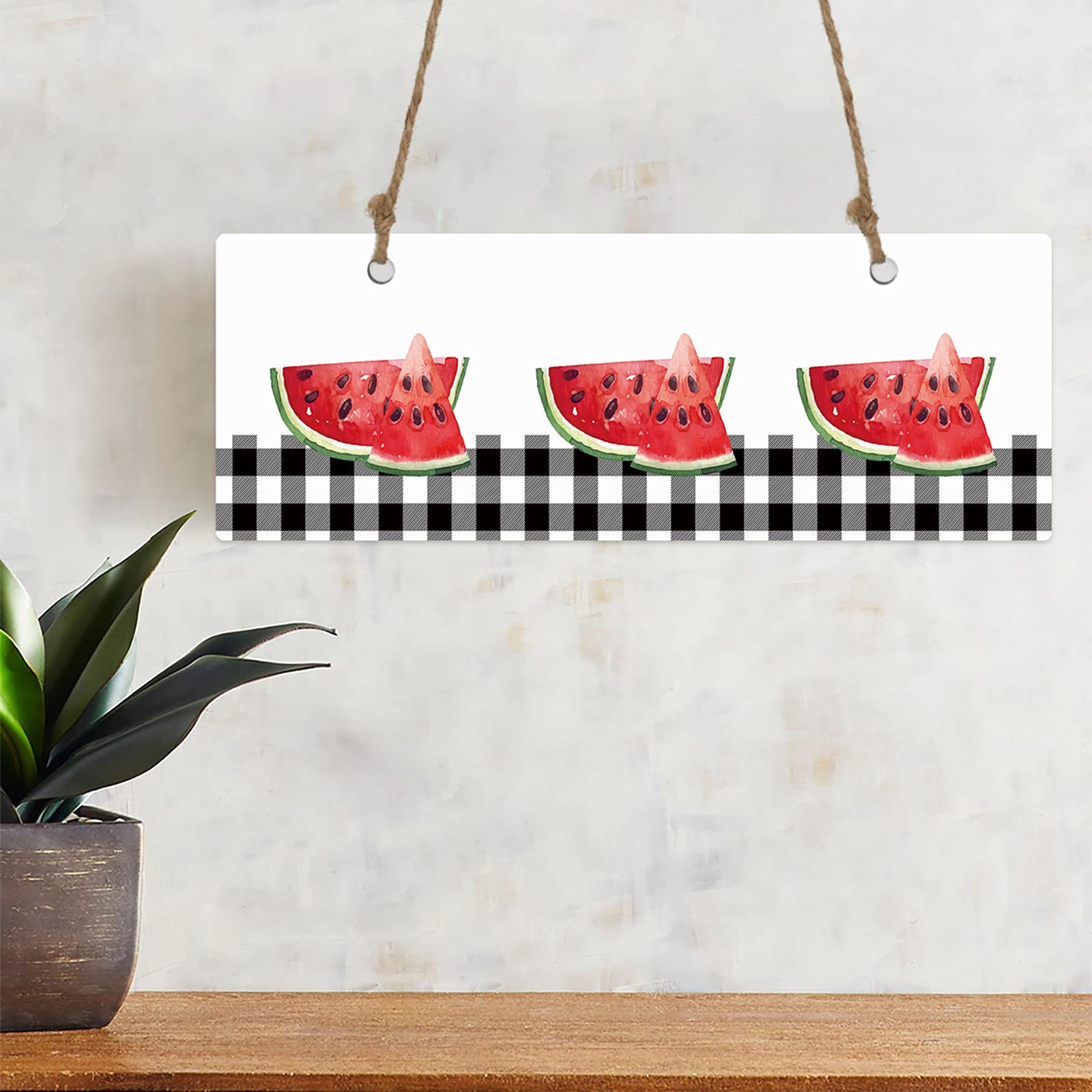 Watercolor Watermelon Welcome Sign - Wooden Wall Hanging Plaque for Home Decor, Front Door, Porch, Indoor & Outdoor - Buffalo Checkered Bottom - Perfect for Summer Decor, Farmhouse Style & Bar Entrance