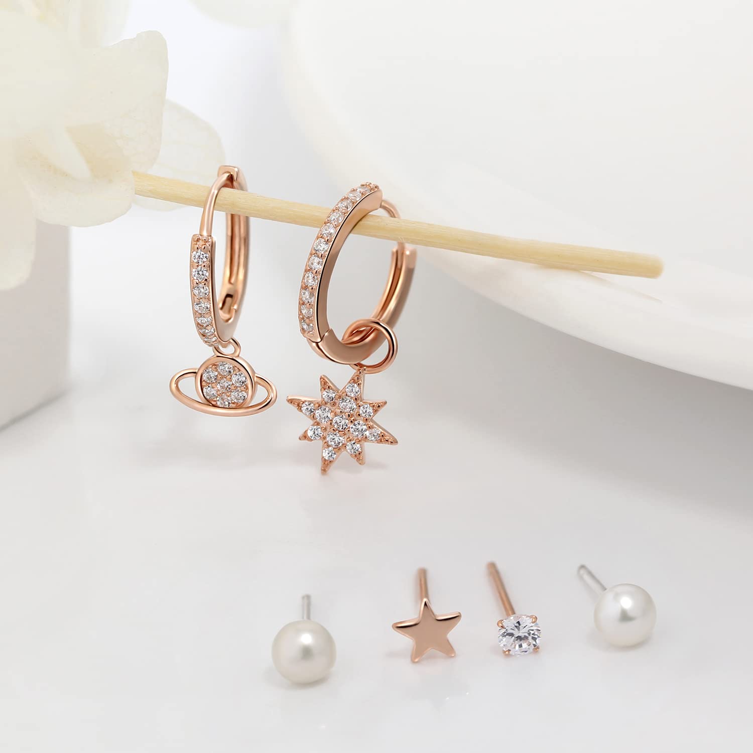 Small Hoop Dangle Drop Earrings for Women - Rose Gold Star & Planet Stud Earrings Set with Diamond & Pearl Accents | Perfect for Multiple Piercings, Everyday Wear & Special Occasions