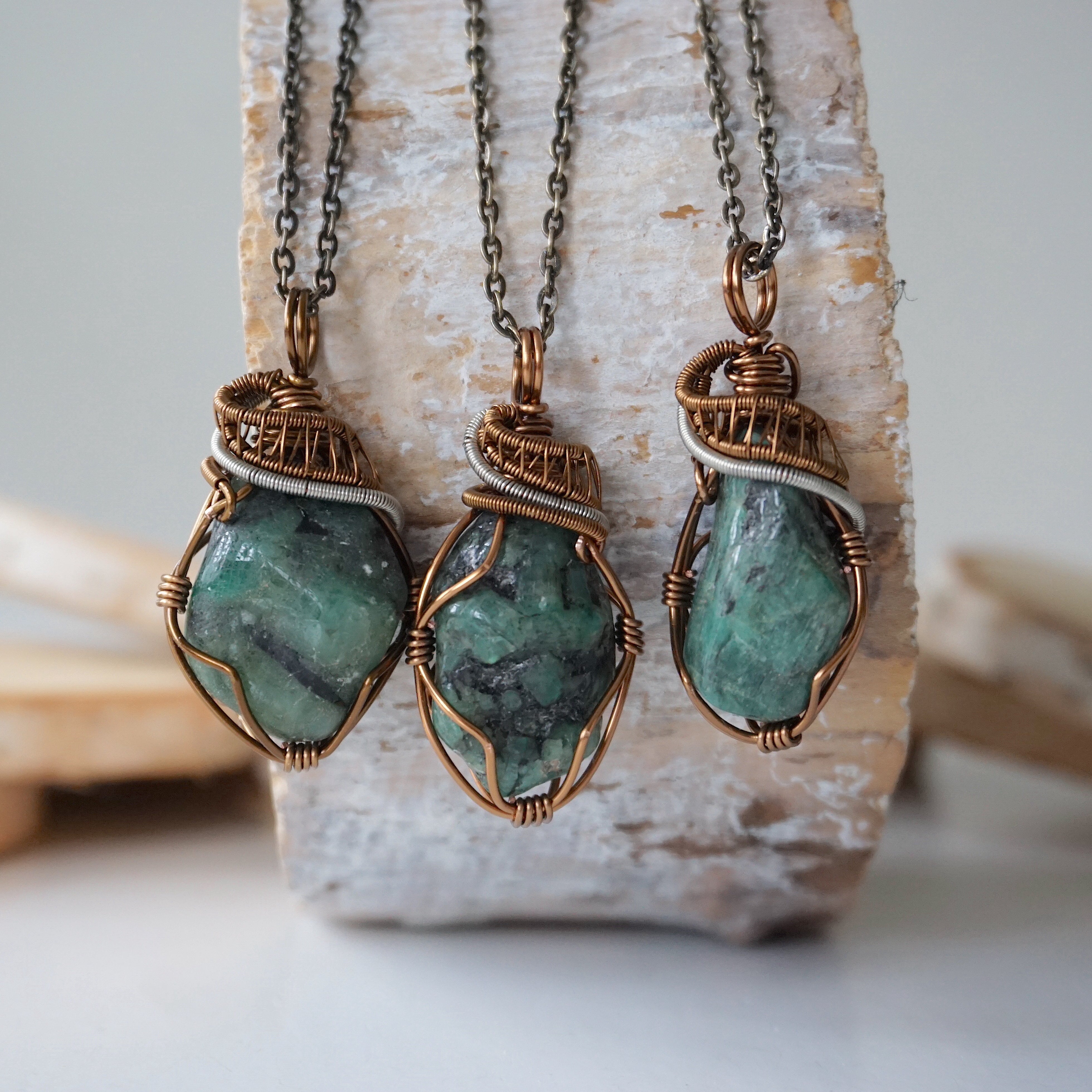 Natural Raw Emerald Crystal Necklace with Sterling Silver & Bronze Wire Wrapping - Healing Stone Jewelry for Meditation, Energy Cleansing & Spiritual Gifts