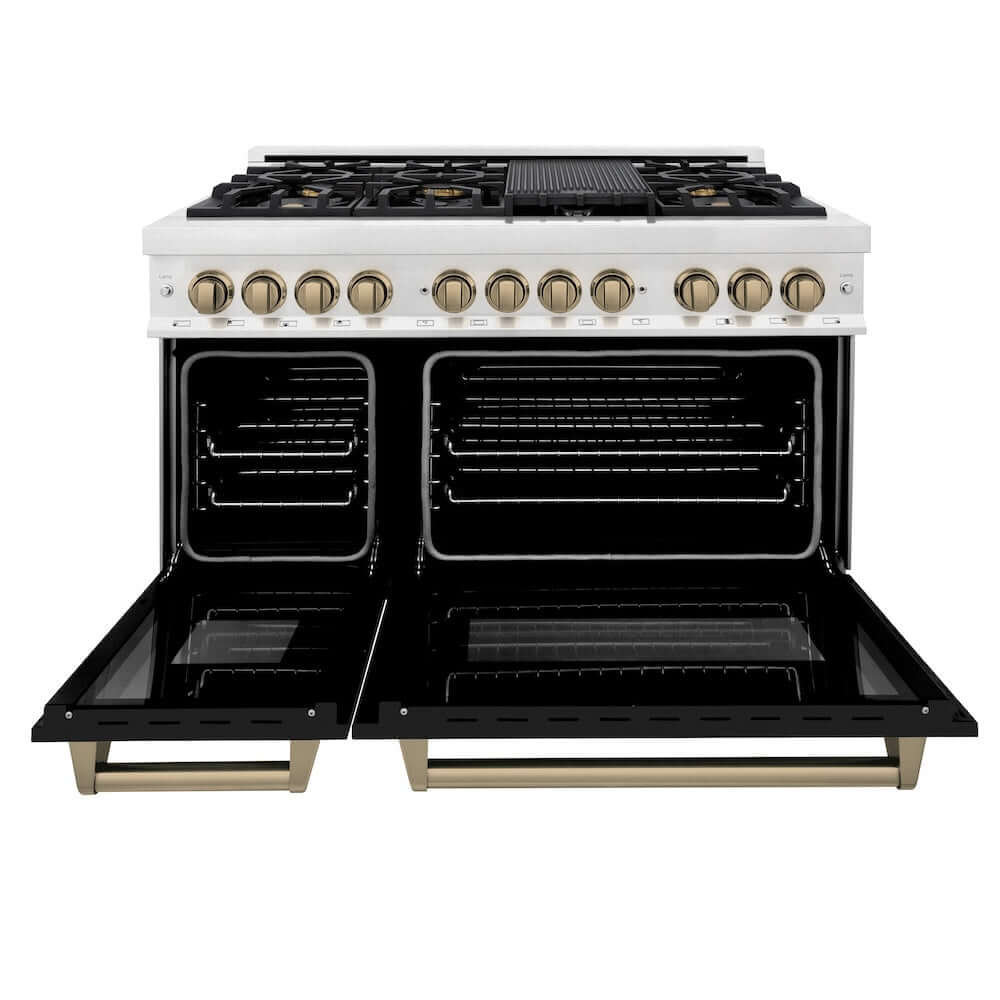 ZLINE Autograph Edition 48-inch 6.0 cu. ft. Dual Fuel Range with 7-Burner Gas Cooktop & 2 Electric Ovens - Satin Stainless Steel, Black Matte Doors & Champagne Bronze Accents (RASZ BLM 48 CB) | Professional Kitchen Appliance for Home Chefs & Cooking Enthusiasts