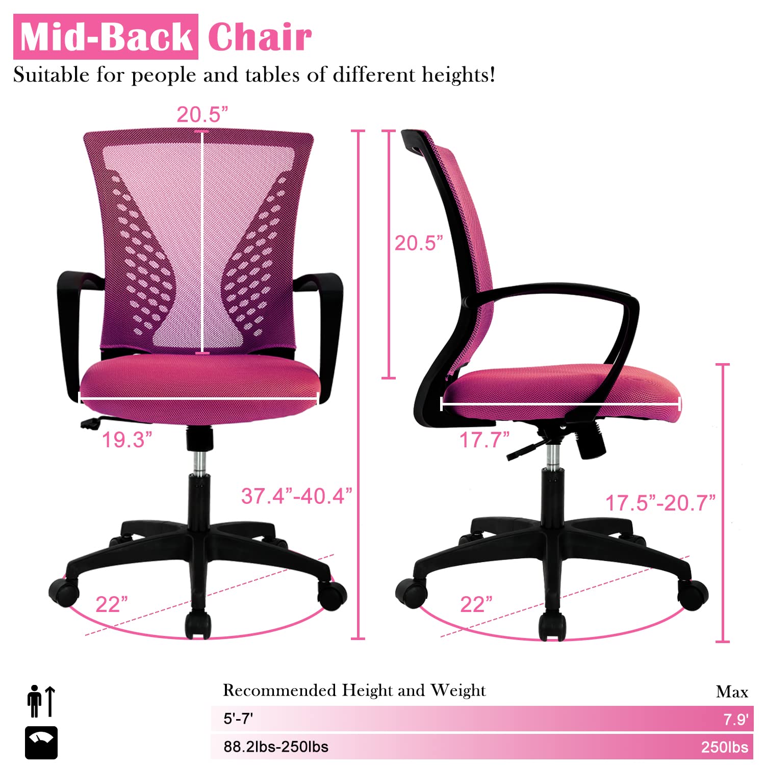 Ergonomic Office Chair for Women - Adjustable Mid Back Swivel Computer Chair with Lumbar Support & Armrests, Breathable Mesh Desk Chair for Home Office, Conference Room, and Workspaces - Perfect for Long Hours of Comfortable Working