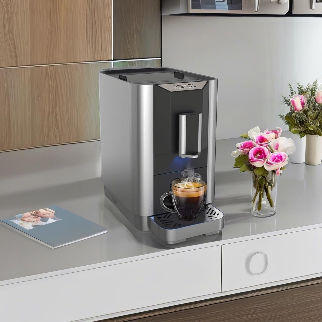 Fully Automatic Espresso Coffee Machine with Touch Screen - 19 Bar Pressure, Built-in Adjustable Grinder, Compact Home & Office Coffee Maker (ME-720, Grey/Silver) - Perfect for Coffee Lovers, Baristas & Small Cafes