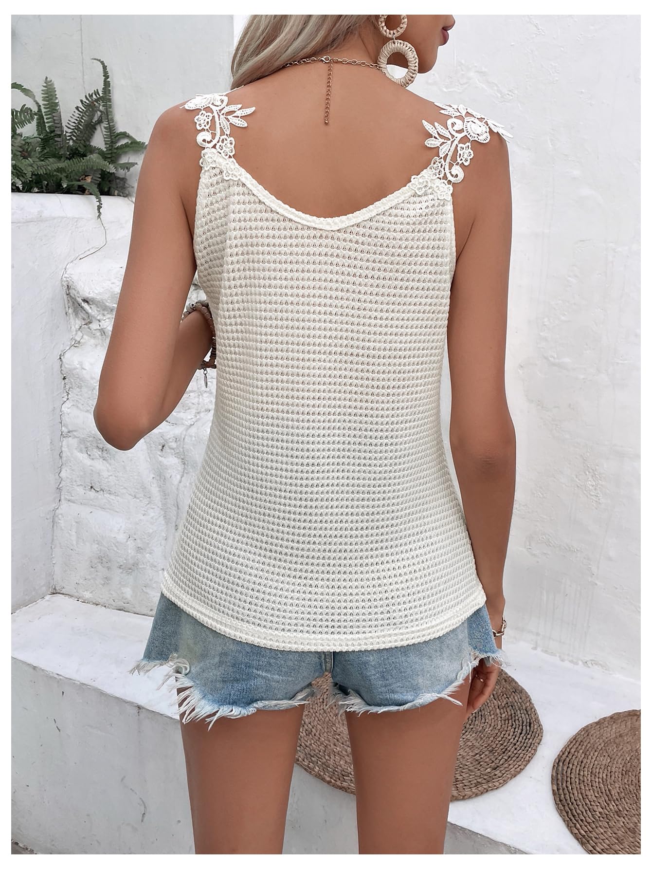 MakeMeChic Women's Deep V Neck Waffle Knit Camisole Top - Sleeveless Summer Tank with Applique Detail for Casual Wear, Layering & Beach Outfits