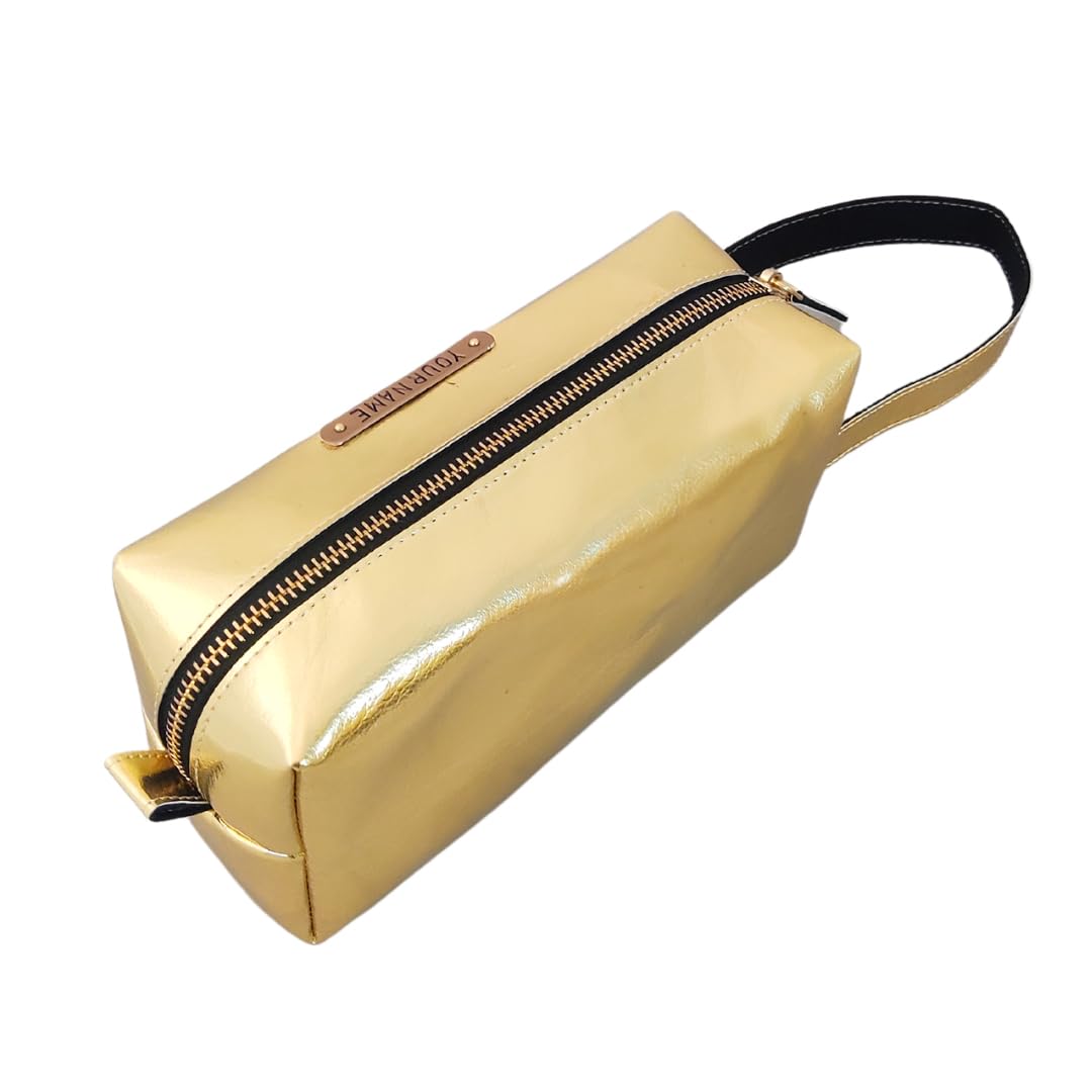 Personalized Metallic Glossy Makeup Pouch with Name - Large Cosmetic Organizer Bag for Travel, Toiletry & Vanity Storage | Waterproof Makeup Case for Women & Girls | Gold Shiny Makeup Bag for Cosmetics, Brushes & Beauty Accessories - Perfect for Travel, Gym & Daily Use